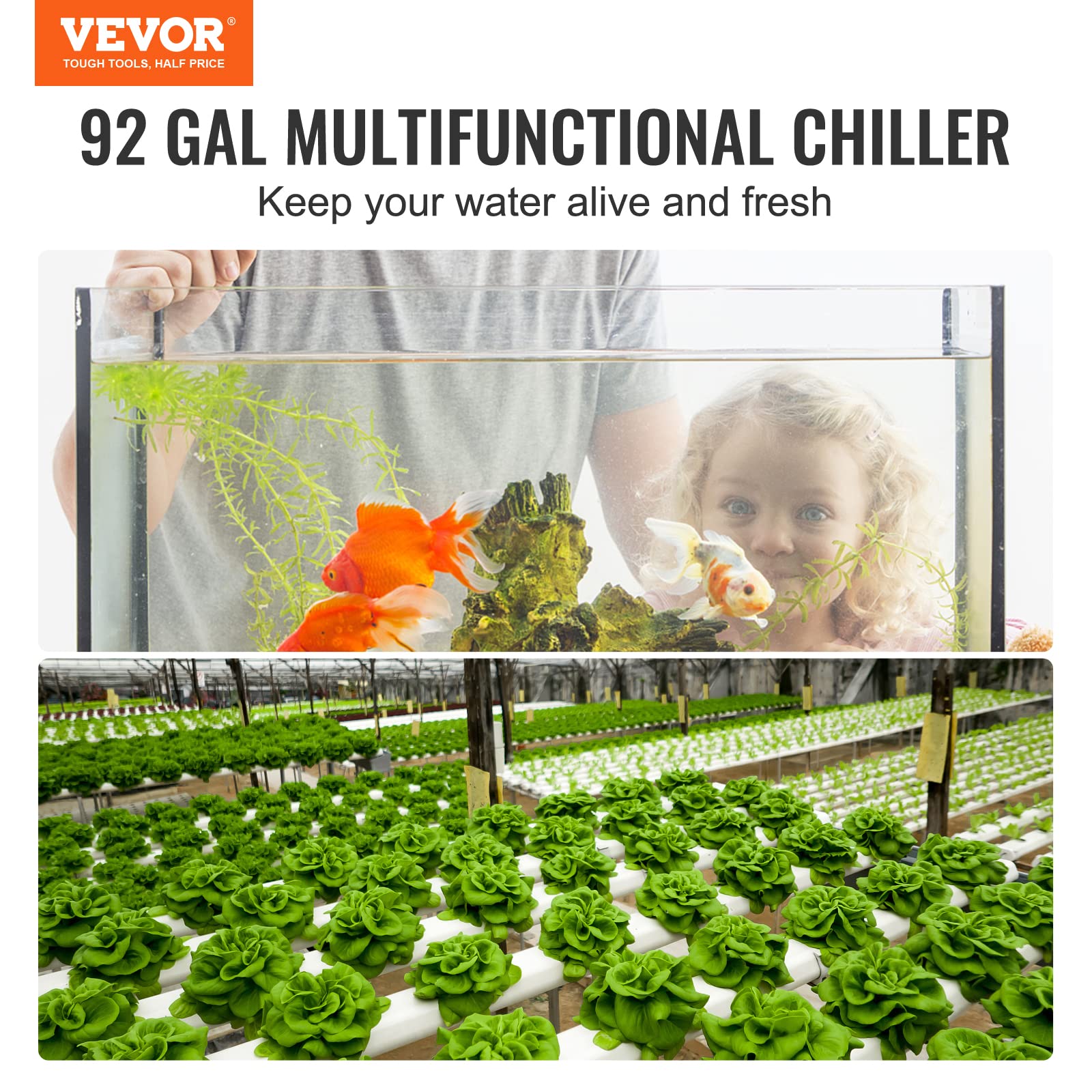 VEVOR Aquarium Chiller, 92 Gal 348 L, 1/4 HP Hydroponic Water Chiller, Quiet Refrigeration Compressor for Seawater and Fresh Wat