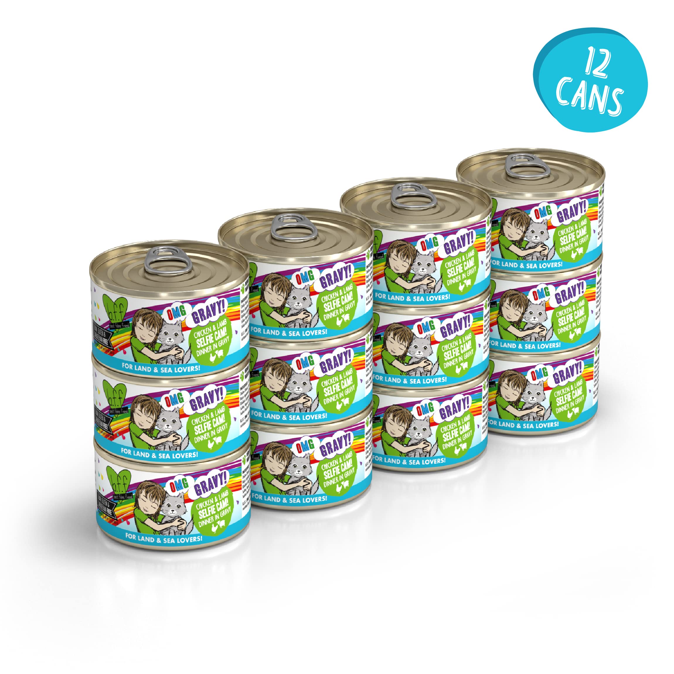 Weruva B.F.F. OMG - Best Feline Friend Oh My Gravy!, Selfie Cam! with Chicken & Lamb in Gravy Cat Food, 2.8oz Can (Pack of 12)
