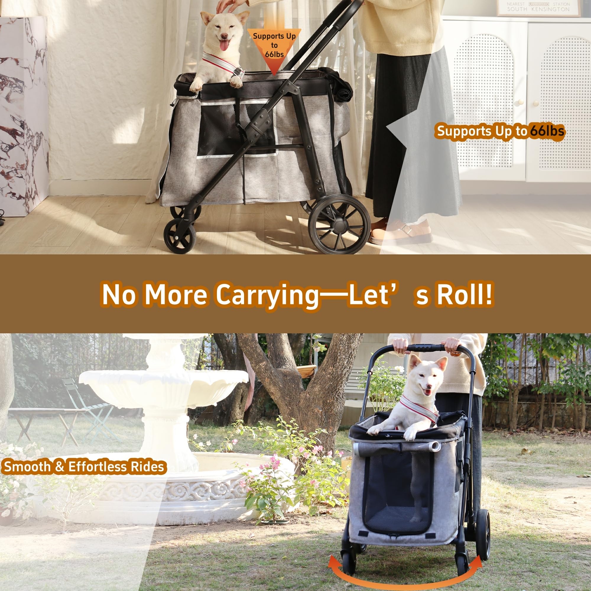 Totoro Ball Medium Dog Stroller For Small To Large Dogs 4 Wheels Multi Pet Stroller For 4 Dogs Holds Up To 66Lbs, One-Click Fold