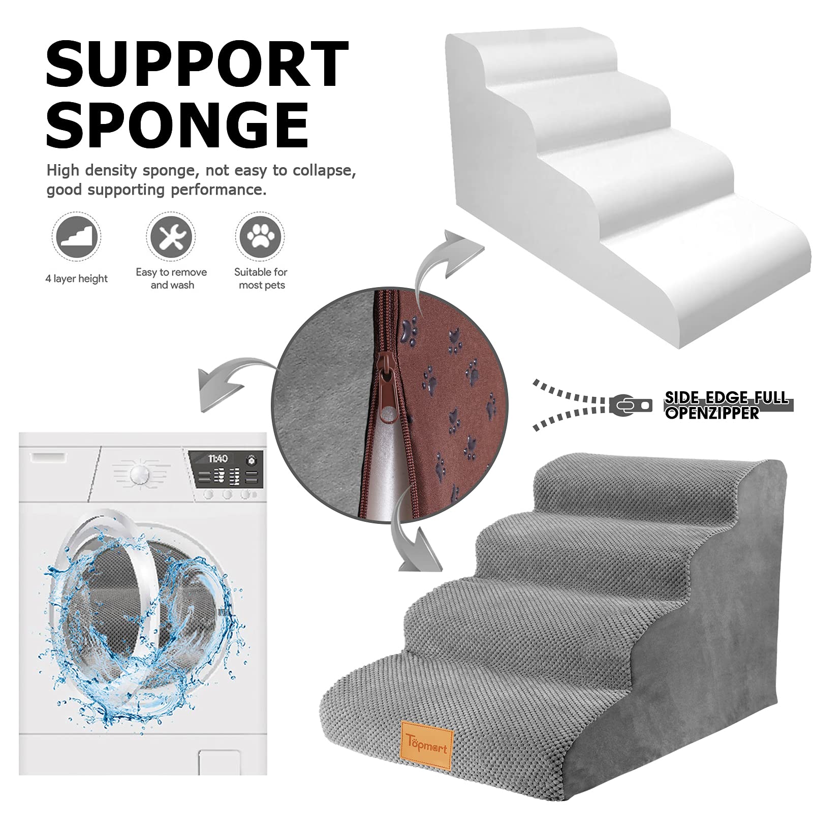 Topmart High Density Foam Dog Steps 4 Tiers,Extra Wide Deep Pet Steps,Non-Slip Pet Stairs,Dog Ramp For Bed,Soft Foam Dog Ladder,Best For Older Dogs Injured,Older Pets,Cats With Joint Pain