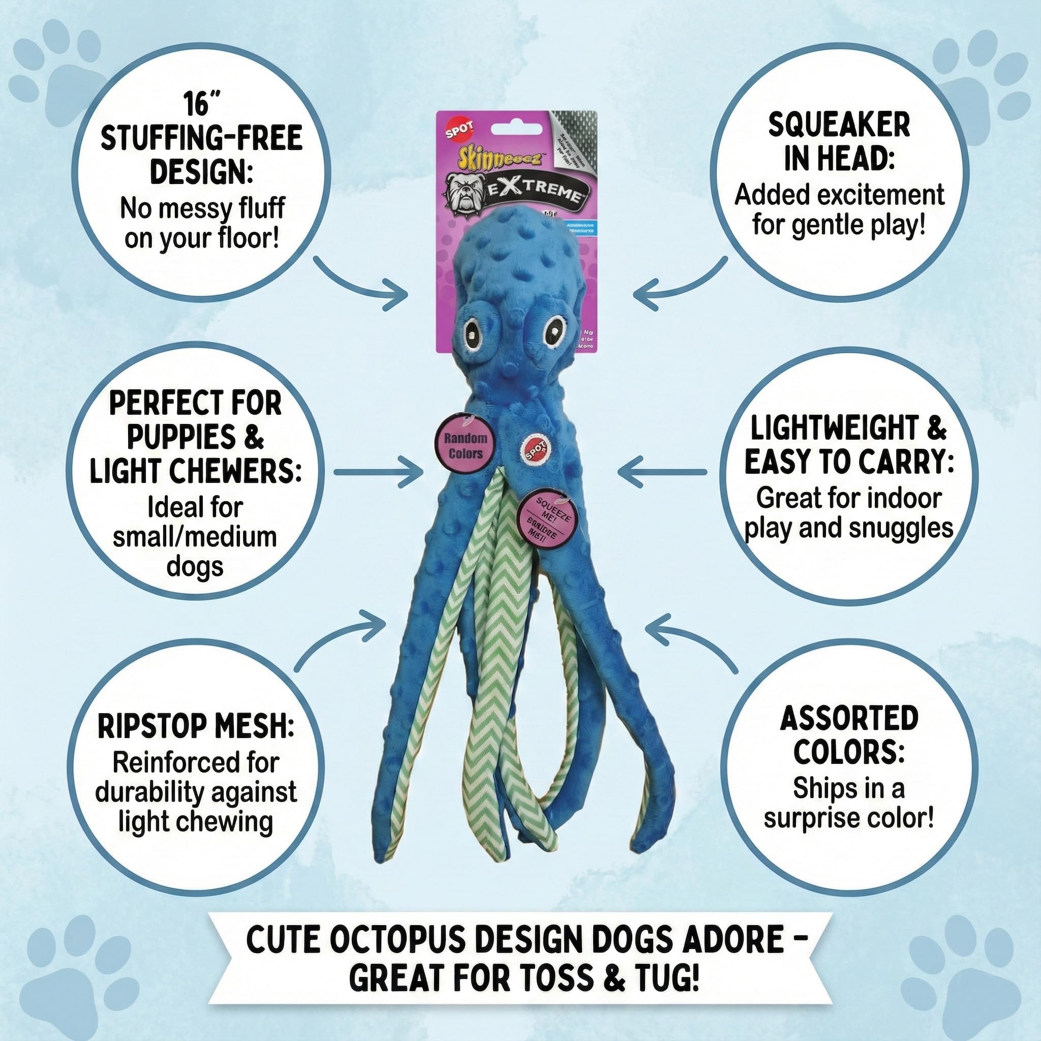 SPOT Skinneeez Extreme Octopus Dog Toy - 16    Stuffing-Free Plush Toy for Small/Medium Dogs with Squeaker - Great for Puppies &