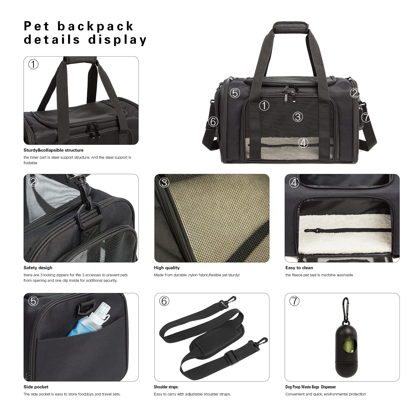 Rosebb Cat Carrier Dog Carrier Pet Carrier Cat Bags For Small Medium Cats Dogs Puppies Of 15 Lbs,Of Airline Approved Small Dog Bag Soft Sided,Collapsible Travel Puppy Carrier(Large, Black)