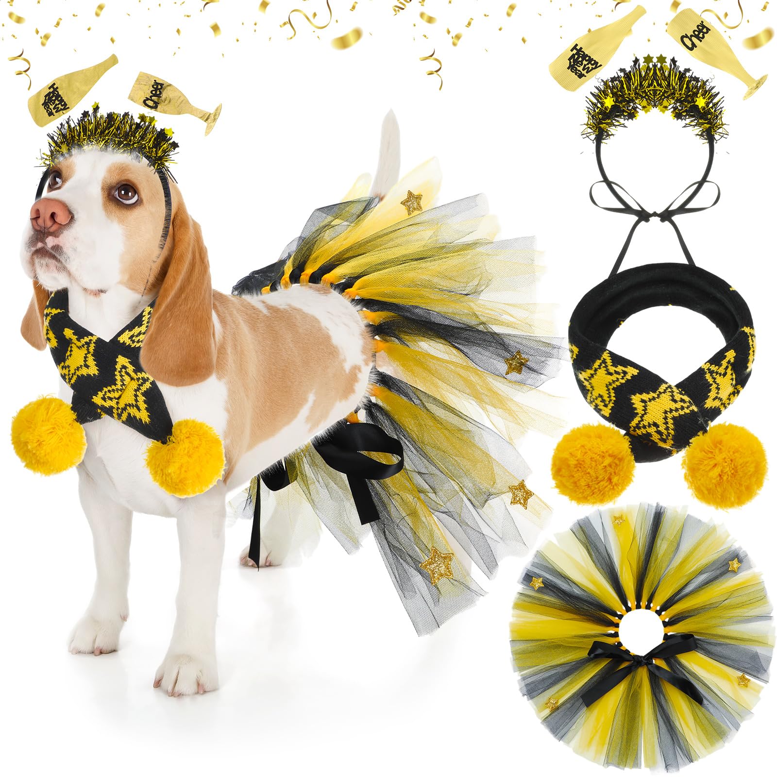Siltriangle 3 Pcs New Year Dog Costume Set Including Wine Glass Headband Happy New Year Dog Tutu Dress Cute Pet Tutu Gold And Bl