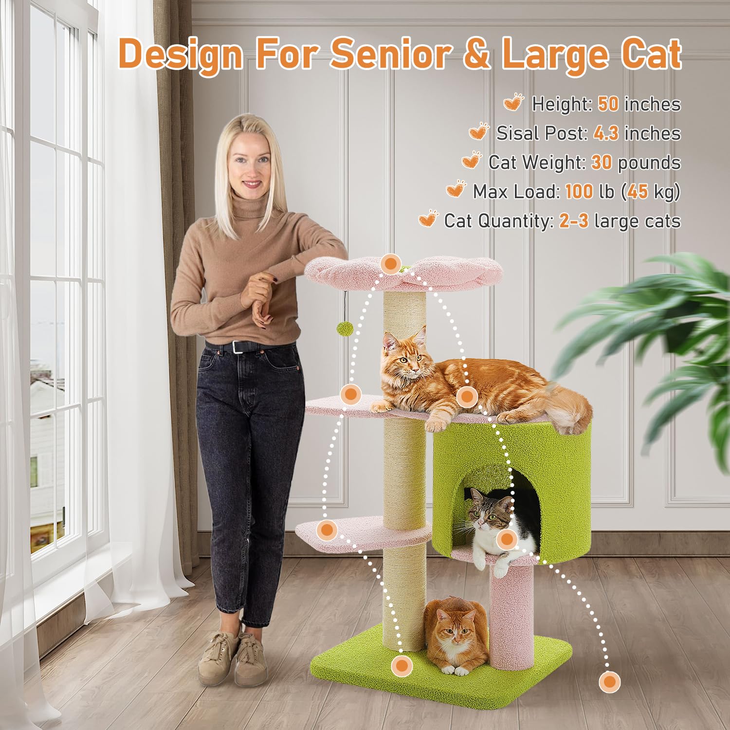 Muttros 50'' Pink Flower Cat Tree For Large Heavy Cats, Maine Coon Cat Tower With Extra Thick Scratching Posts (F4.3In), Spaciou