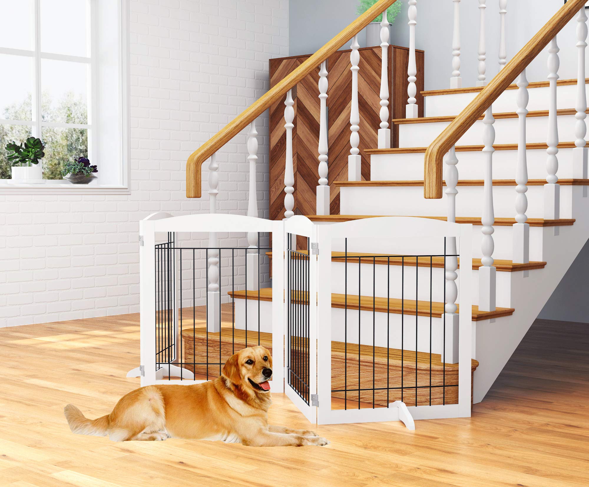 Pawland Extra Wide Dog Gate For The House, Doorway, Stairs, Dog Fences Indoor, Freestanding Foldable Wooden Pet Gates For Dogs, Set Of Support Feet Included, 96 In Wide 30 In Tall, 4 Panels White