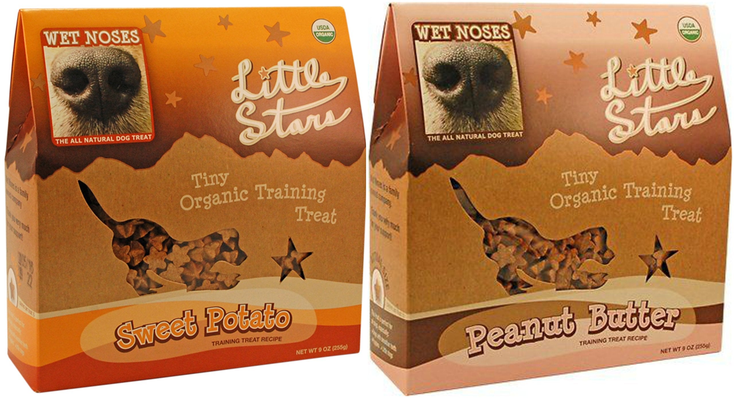 Wet Noses Little Stars Tiny Organic Dog Training Treats in 2 Flavors: (1) Peanut Butter and (1) Sweet Potato (2 Boxes Total, 9 O