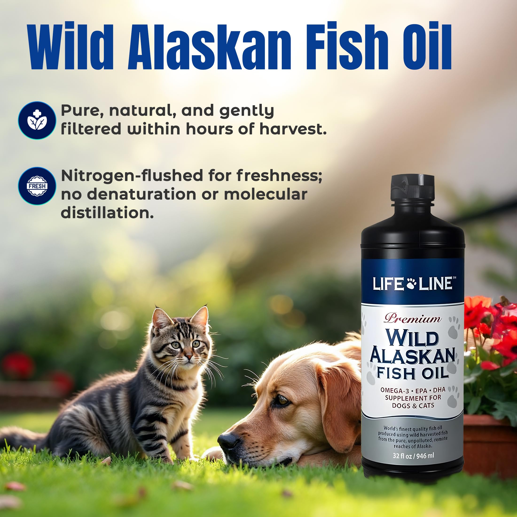 Life Line Pet Nutrition Wild Alaskan Fish Oil for Dogs and Cats 32oz - Omega 3 Fish Oil Supplement for Skin & Coat - Supports Br