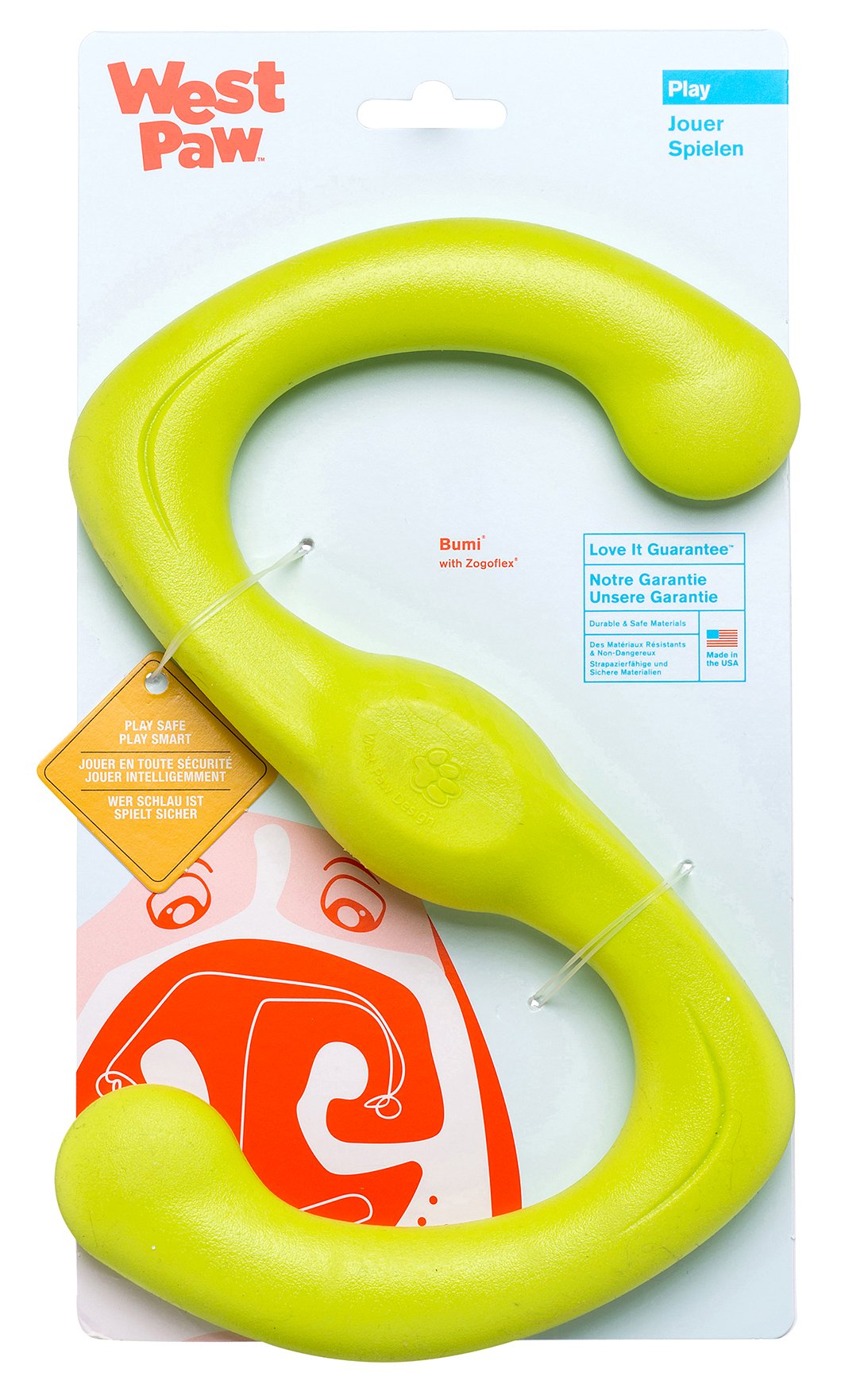 West Paw Zogoflex Bumi Dog Tug Toy - S-Shaped, Lightweight Chew Toys For Fetch, Play, Pet Exercise - Tug Of War Soft Flinging Sq