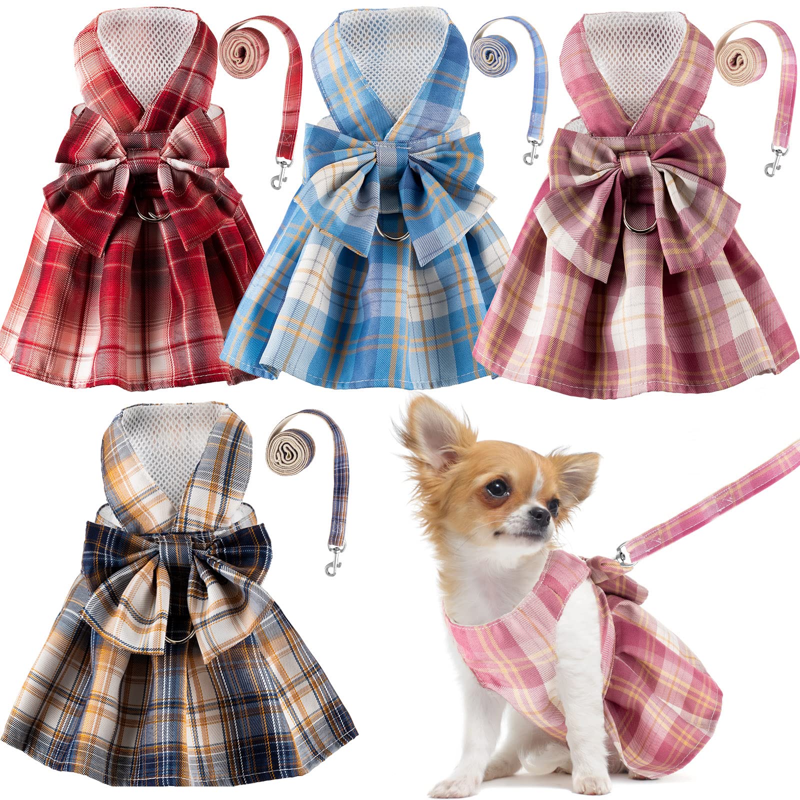 Potchen 4 Pcs Cute Plaid Dog Dress Set with Bow Tie Harness & Leash for Small Dogs, Puppy Clothes for Girls Summer Outfits(Xs,Da