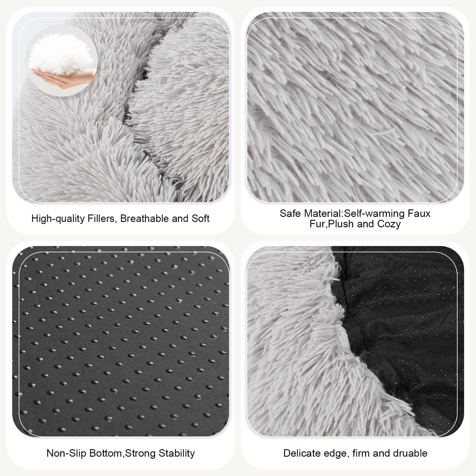 Dog Bed, Cat Calming Bed, Faux Fur Pillow Pet Donut Cuddler Round Plush Bed For Large Medium Small Dogs And Cats (Light Grey, 49