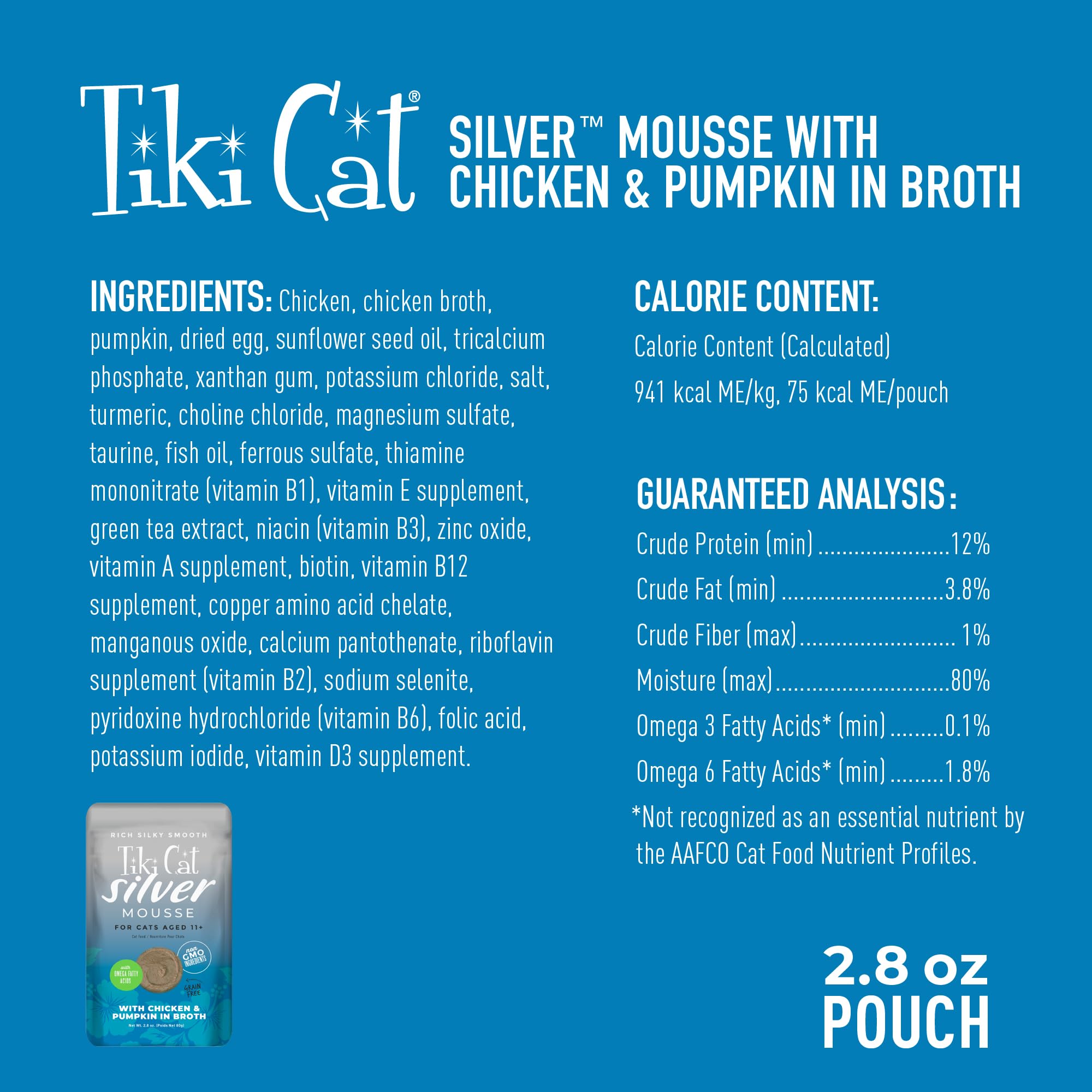 TIki Cat Silver Mousse, With Chicken & Pumpkin In Broth, Silky Smooth Nutrient Rich Formulated for Older Cats Aged 11+, 2.9 oz.