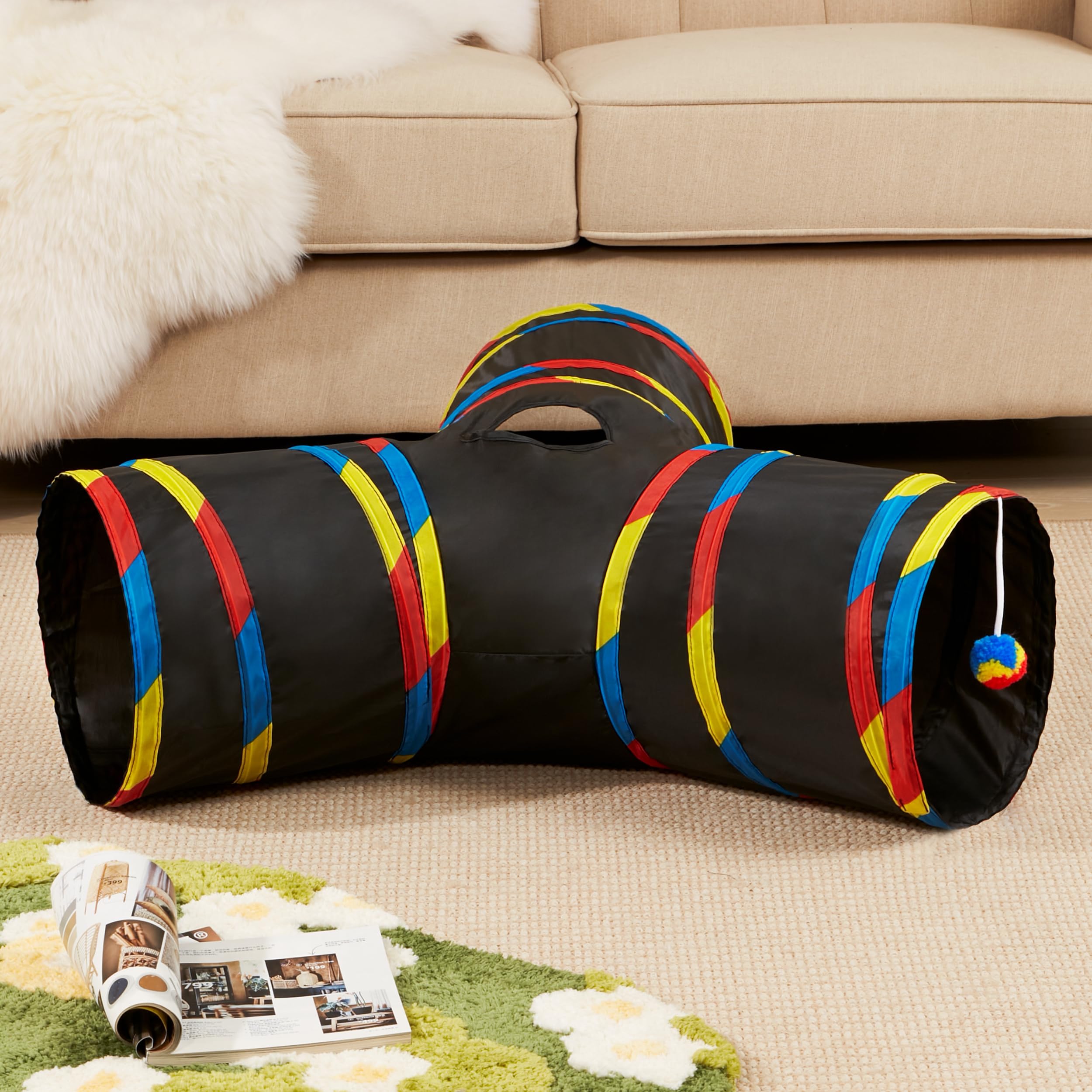 Tempcore Pet Cat Tunnel Tube Cat Toys 3 Way Collapsible, Cat Tunnels For Indoor Cats,Kitty Tunnel Bored Cat Pet Toys Peek Hole Toy Ball Cat, Puppy, Kitty, Kitten, Rabbit Black & Rainbow