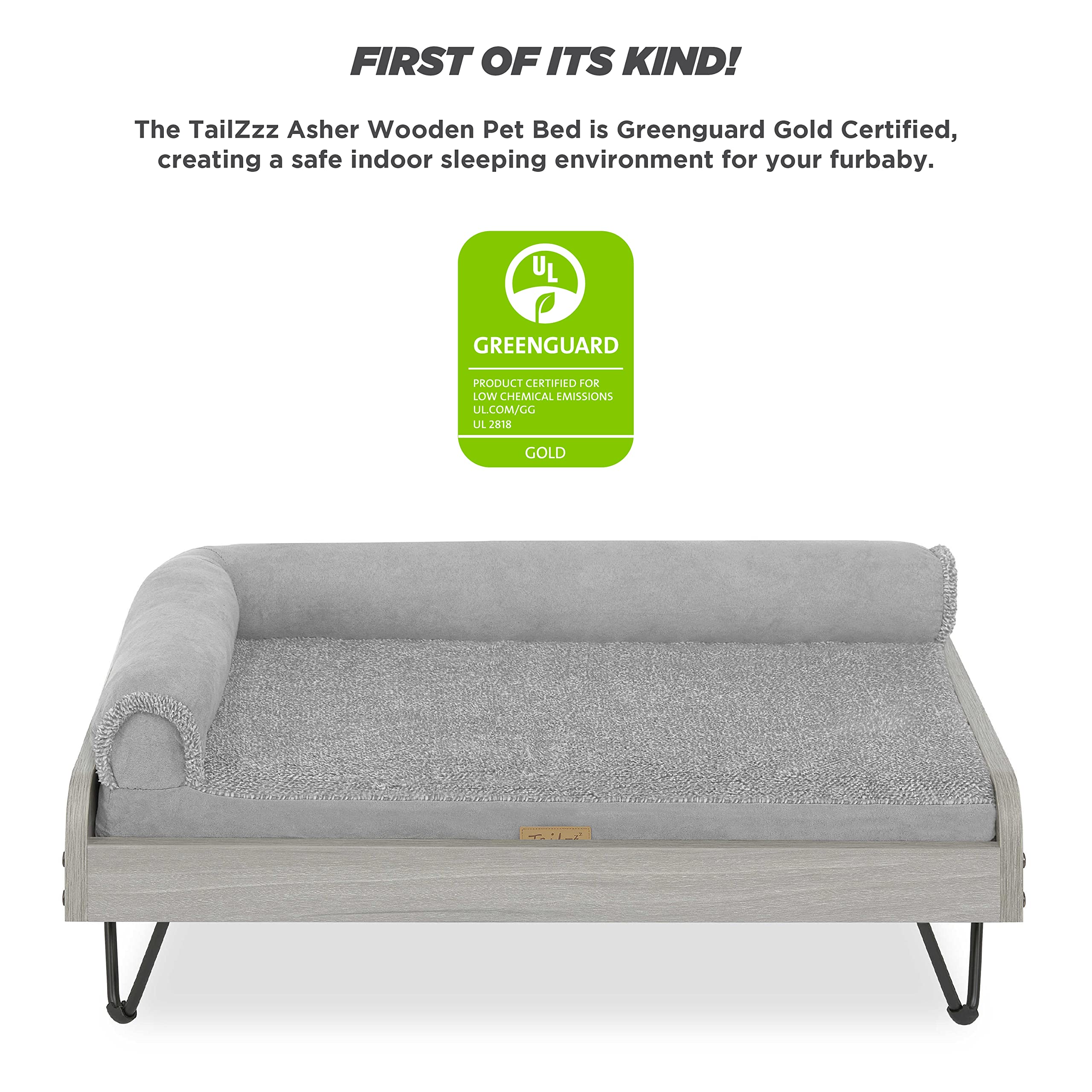 Tailzzz Wooden Dog Bed With Water Resistant Mattress, Small To Medium Elevated Pet Bed With Calming Mattress, Greenguard Gold Ce