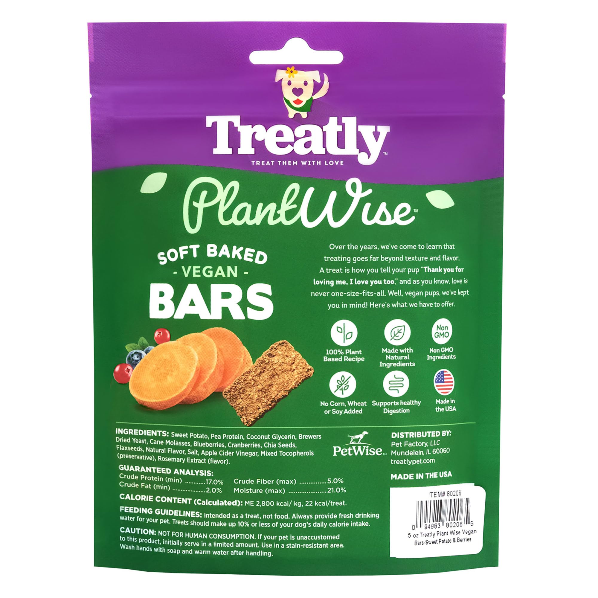 Treatly PlantWise Sweet Potato & Berries Vegan Bars Dog Treats - Plant Based Dog Snacks - 5oz/1 Pack