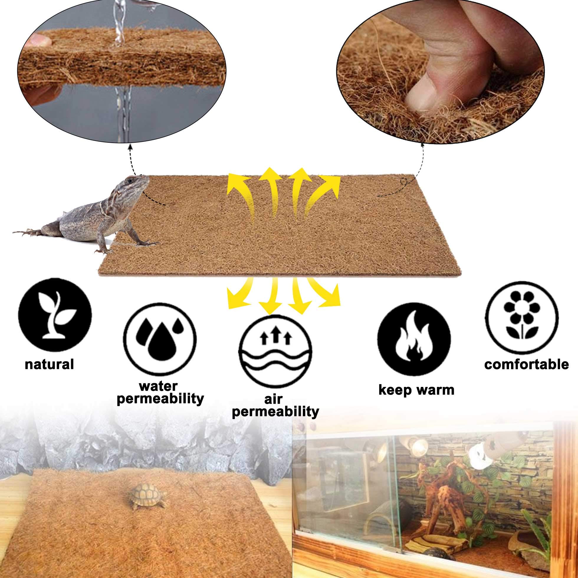 PINVNBY Reptile Carpet, 2 Sheets Lizard Terrarium Mat,Natural Coconut Fiber Substrate Bedding Habitat Liner Pads for Bearded Dra