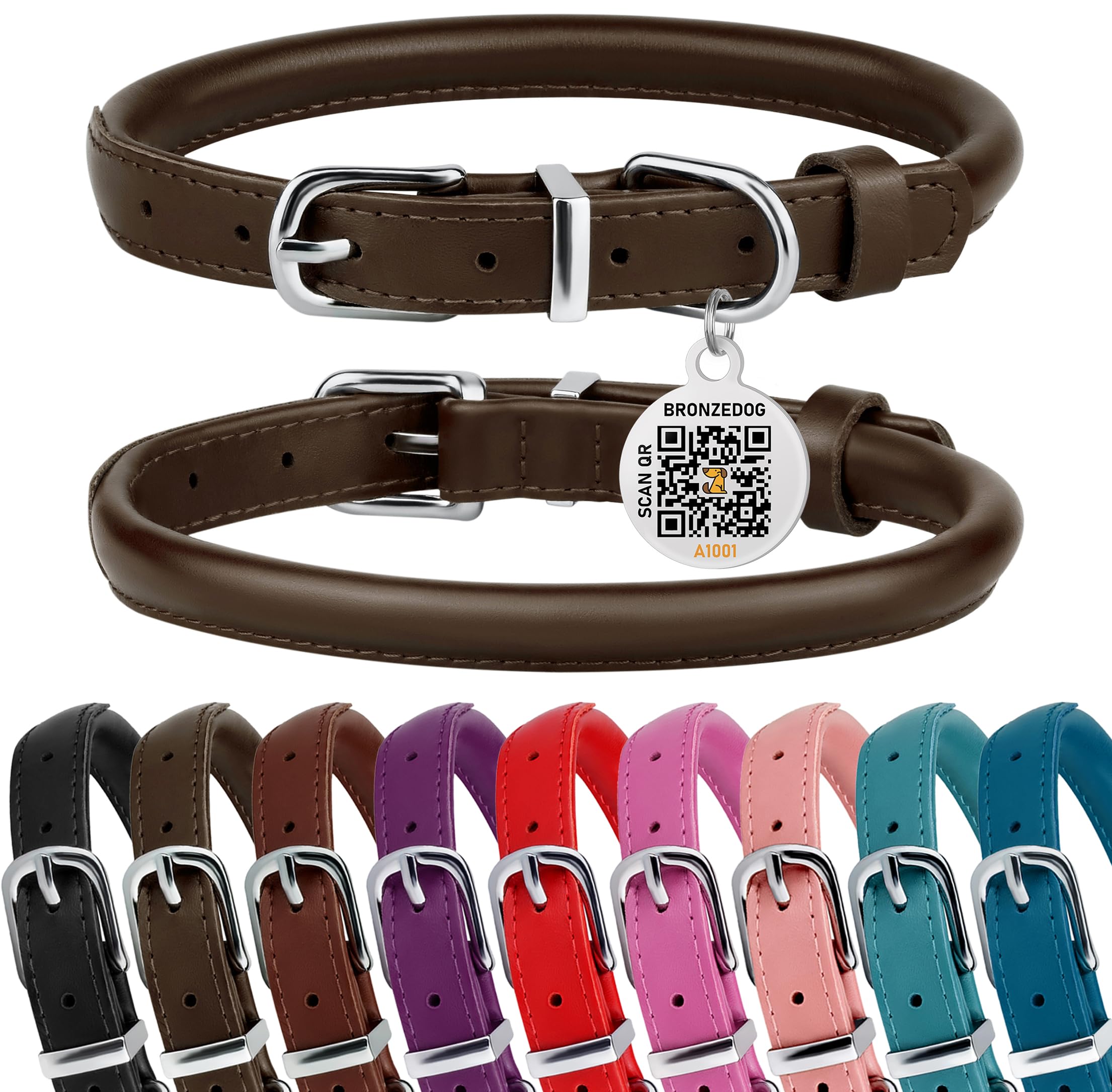 Bronzedog Rolled Leather Dog Collar For Small Medium Large Dogs With Qr Id Tag (Xs: 9-11 Inch, Coffee Brown)
