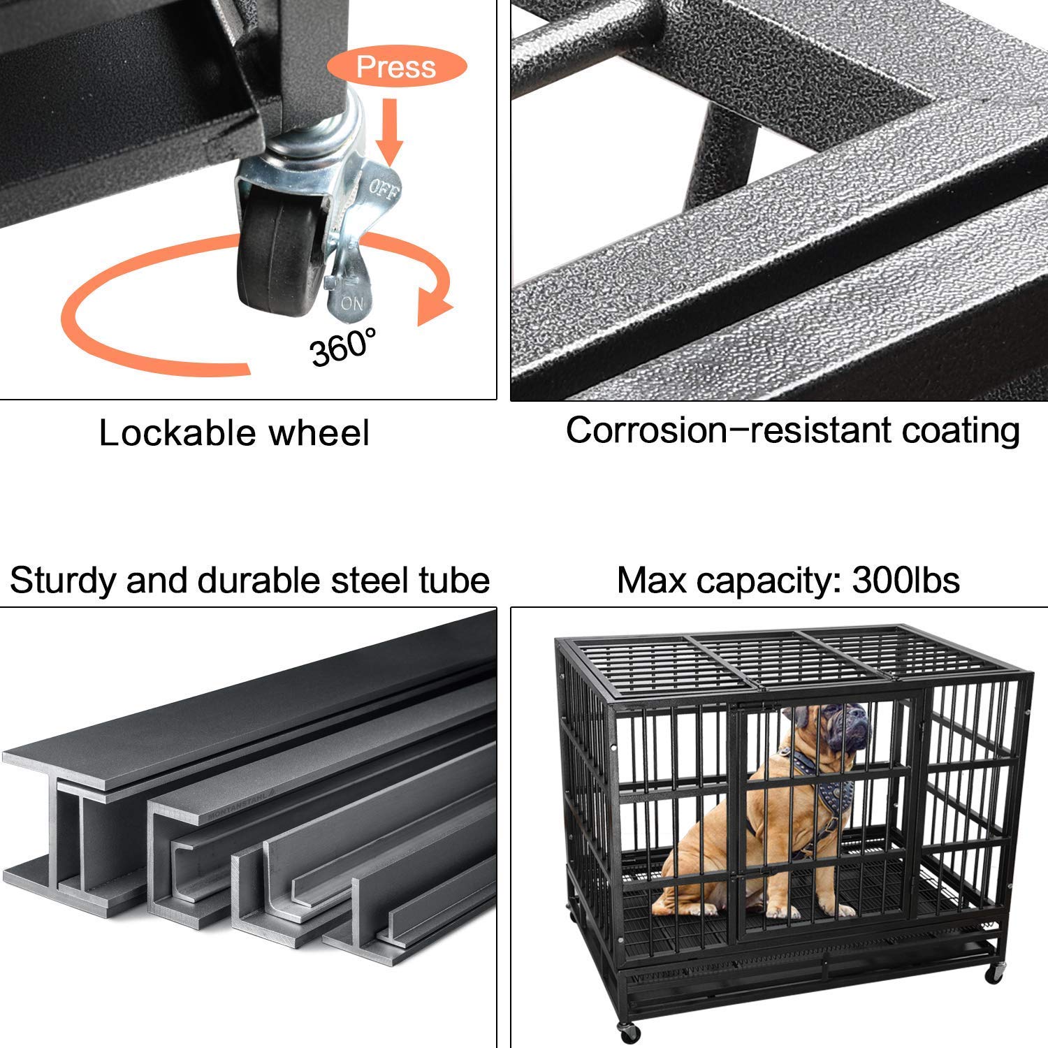 LEMBERI Heavy Duty Indestructible Dog Crate, Escape Proof with Lockable Wheels, 42 inch Alloy Steel, Black, Extra Large for Large Dogs