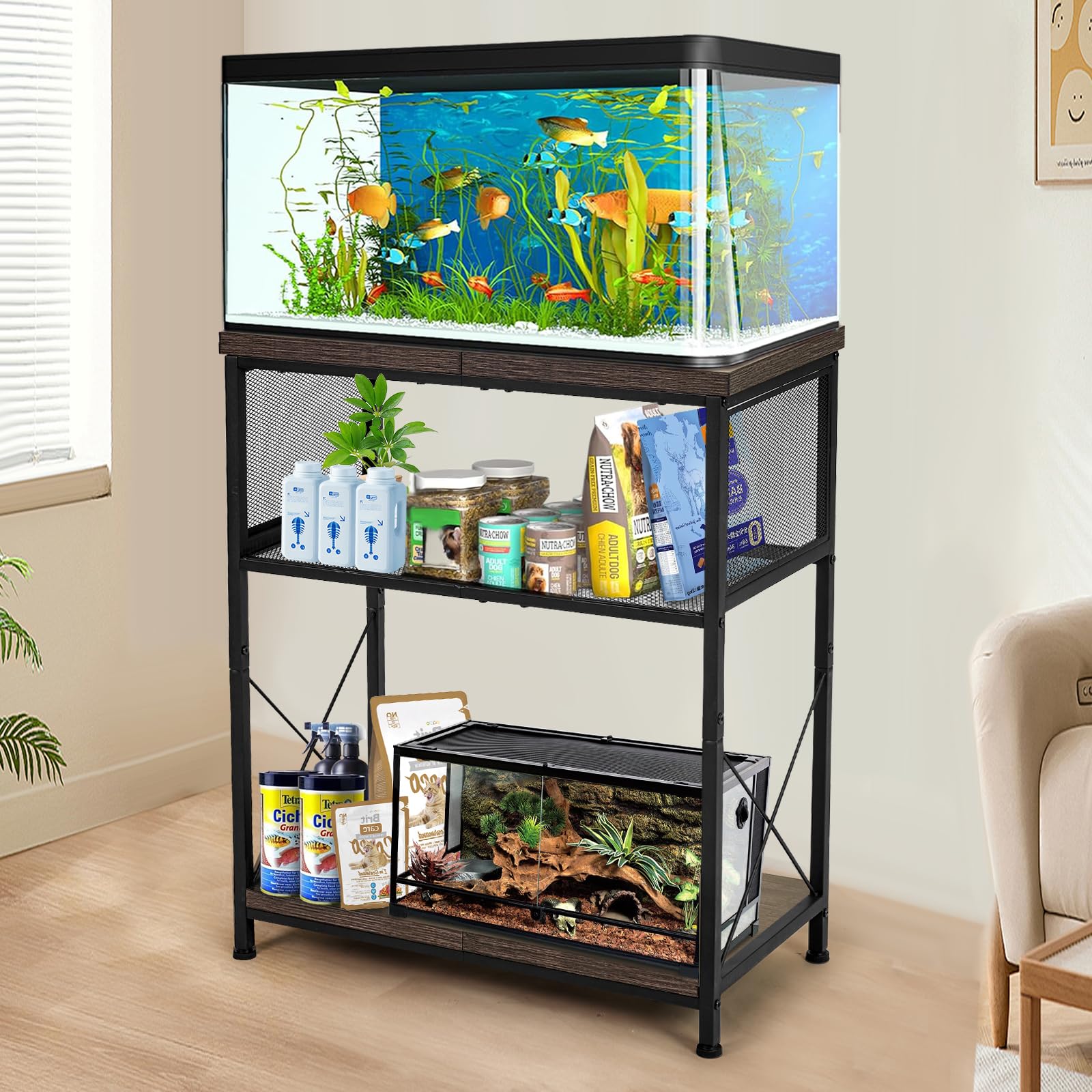 LALA IKAI Fish Tank Stand for 10-20 Gallon Aquariums Heavy Duty Adjustable Height Double Tier Steel Structure Sturdy Design Rept