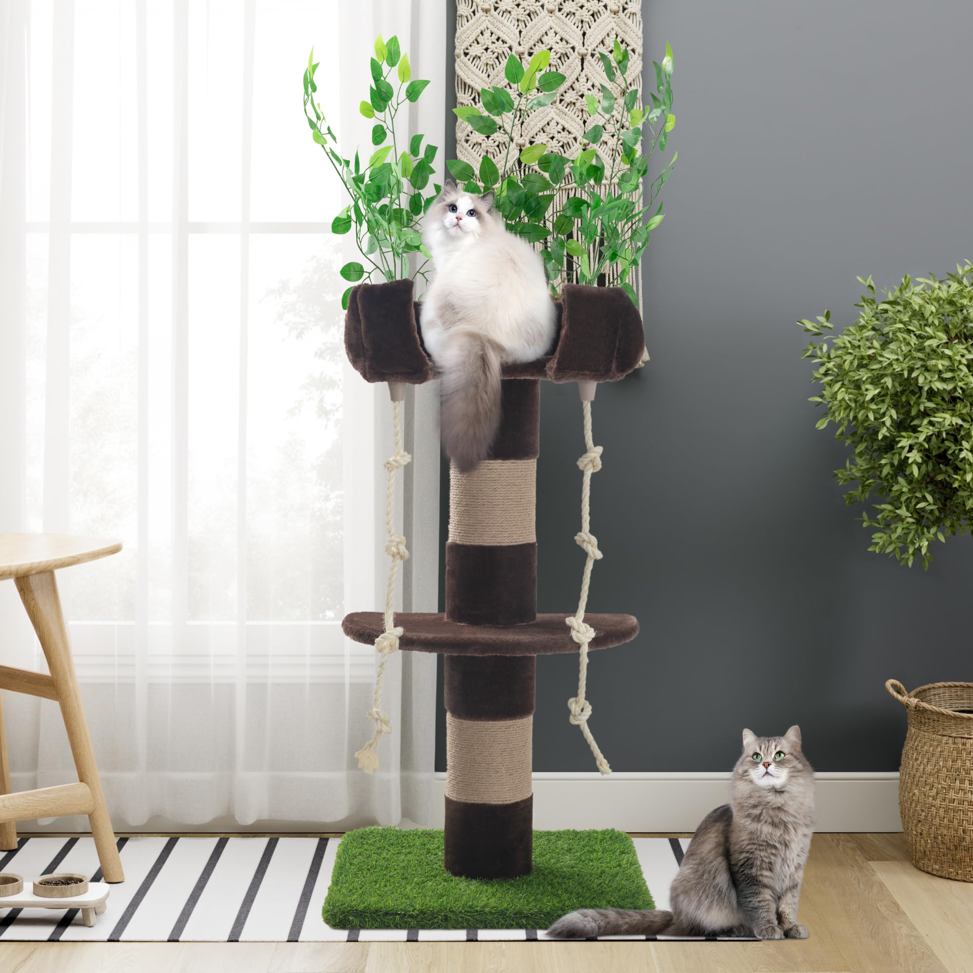 Sha Cerlin 55 Inches Cat Tree Tower With Leaves/Cozy Perches With Scratching Post For Indoor Kittens And Adults Cats/Sisal Rope 