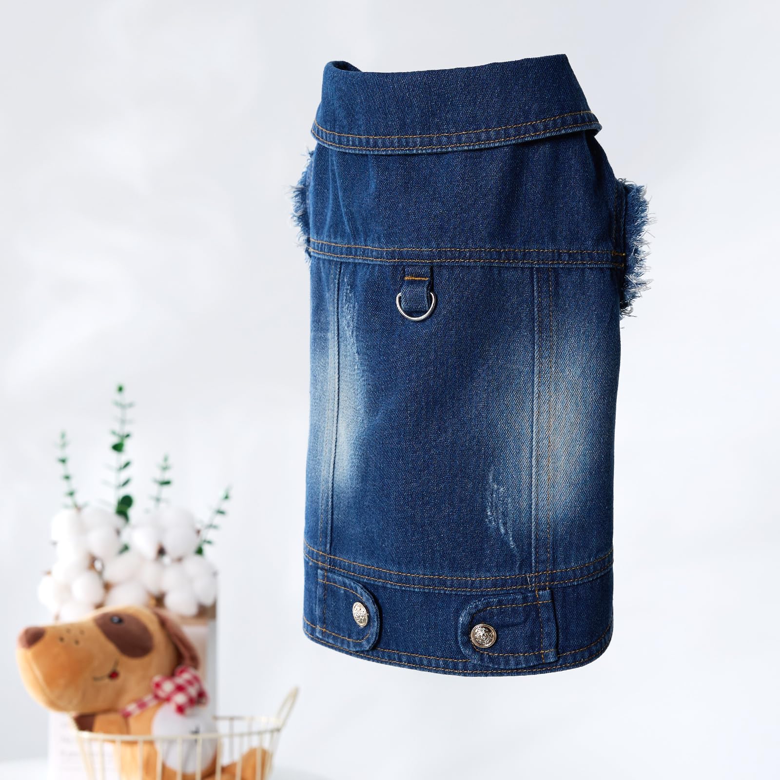 Cantuccistudio Pet Denim Jacket For Dogs With Leash Ring, Fringed Sleeves, Blue Jean Coat, Dog Collar Vest, Classic Design, Vint