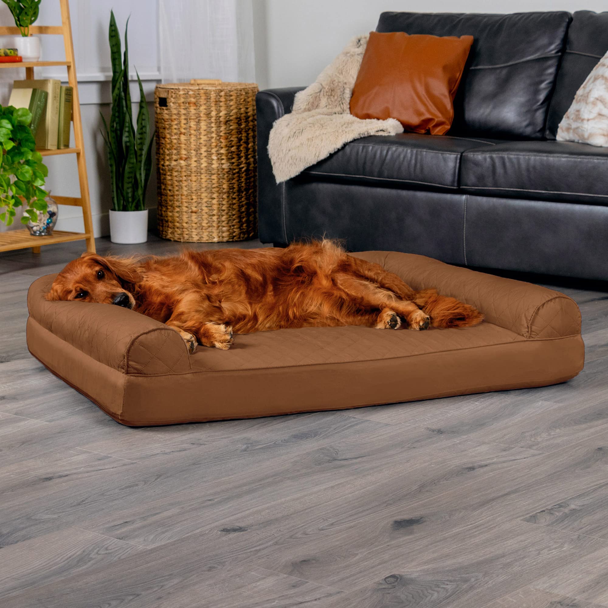 Furhaven Orthopedic Dog Bed For Large Dogs W/ Removable Bolsters & Washable Cover, For Dogs Up To 95 Lbs - Quilted Sofa - Toasted Brown, Jumbo/Xl