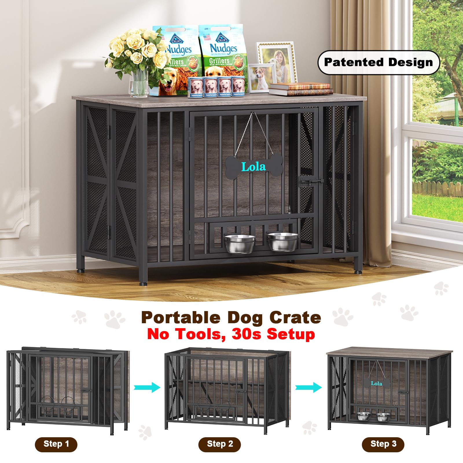 EasyCom Foldable Dog Crate Furniture, 41.3 Dog Crates for Medium/Large Dogs, Wooden Dog Kennel Indoor with Tag & Adjustable Bowl