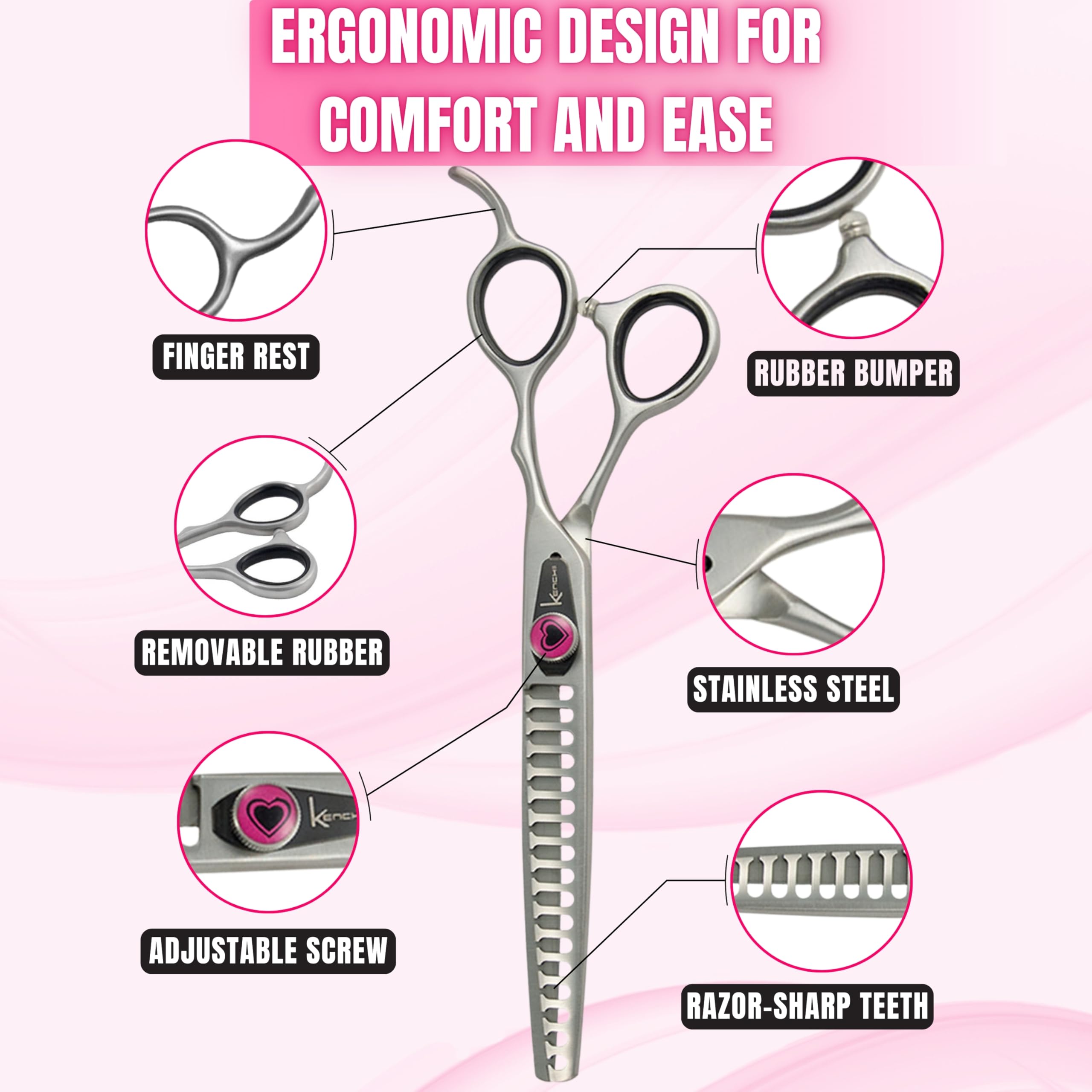 Kenchii Love Dog Grooming Scissors, 17 Tooth Thinning Shears, Dog Scissors For Grooming, Professional Pet Grooming Scissors, Heavy Duty, Durable And Sharp