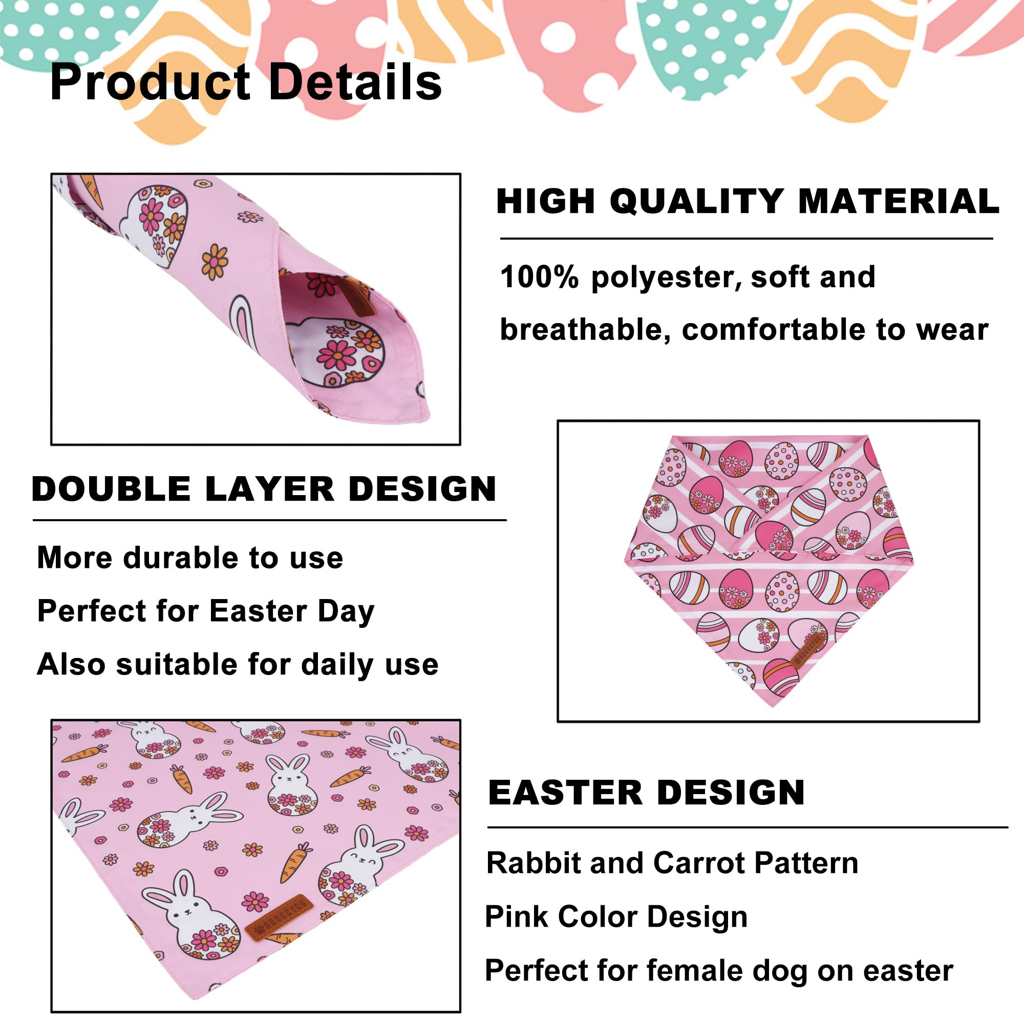 ADOGGYGO Easter Dog Bandana, Pink Bunny Scarf, Premium Durable Fabric, Adjustable Fit Female Pet Easter Bandanas for Extra Large