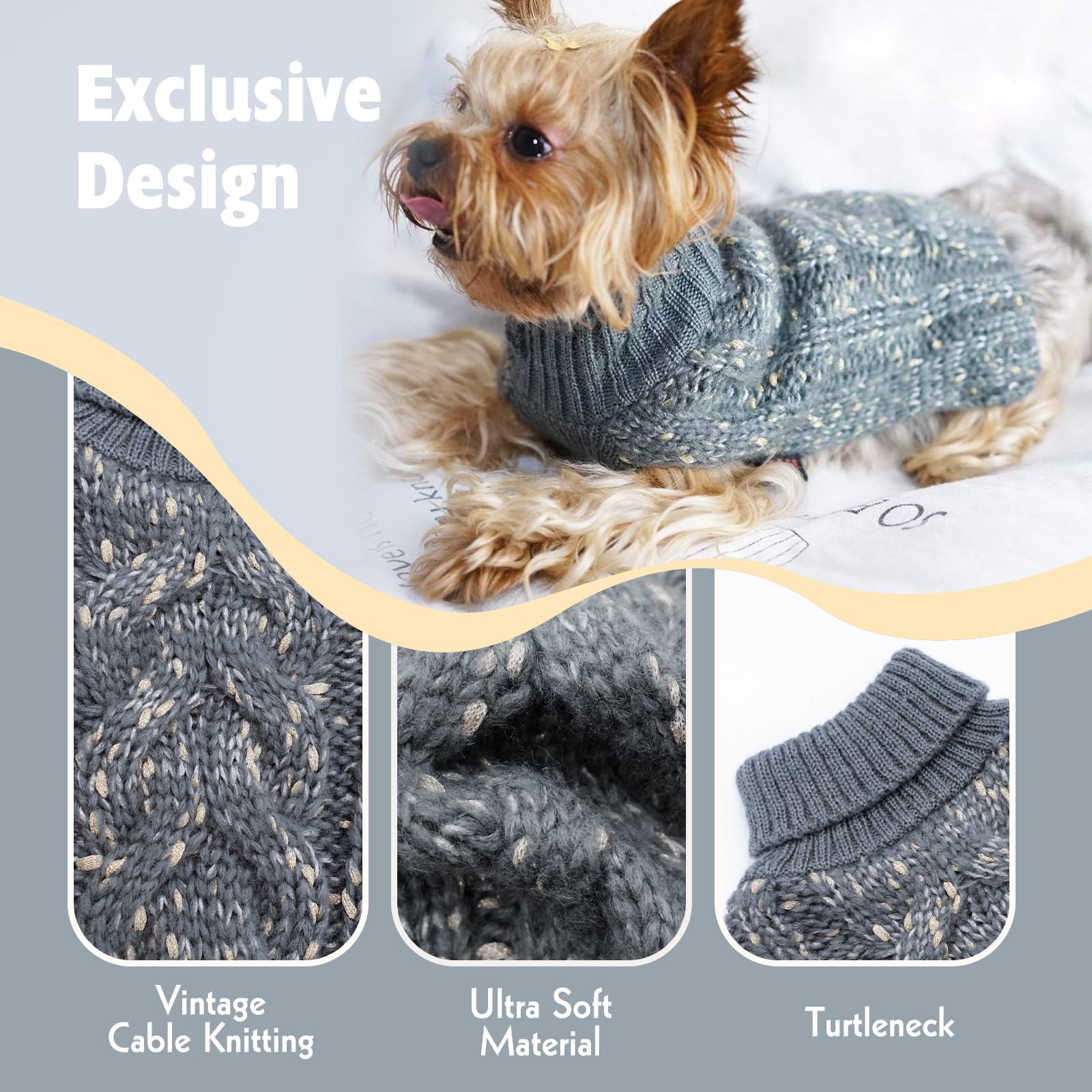 Kyeese Dog Sweater For Small Medium Dogs Knit Pullover Doggie Sweater Warm Pet Sweater For Fall Winter With Golden Yarn Decors Grey