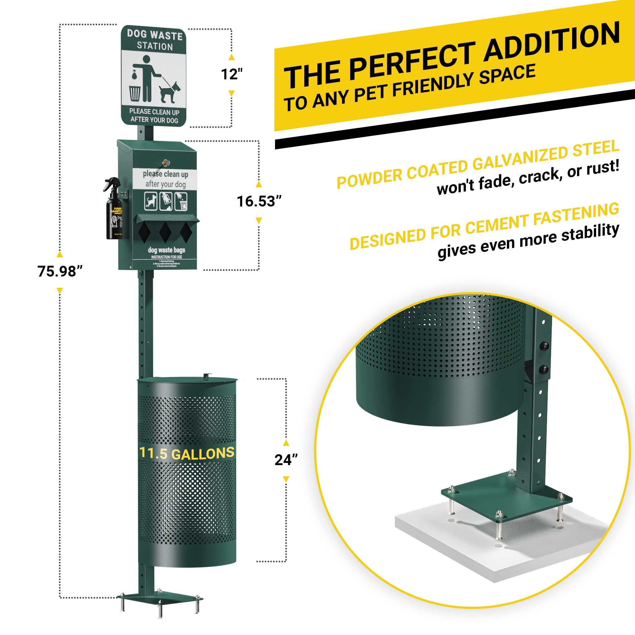 Pet Waste Station - Includes 600 Roll Bags & 50 Can Liners - Original Glow In The Dark Dog Waste Station With Dog Poop Sign, Bag Dispenser, Hand Sanitizer Bottle & Outdoor Trash Can With Lid