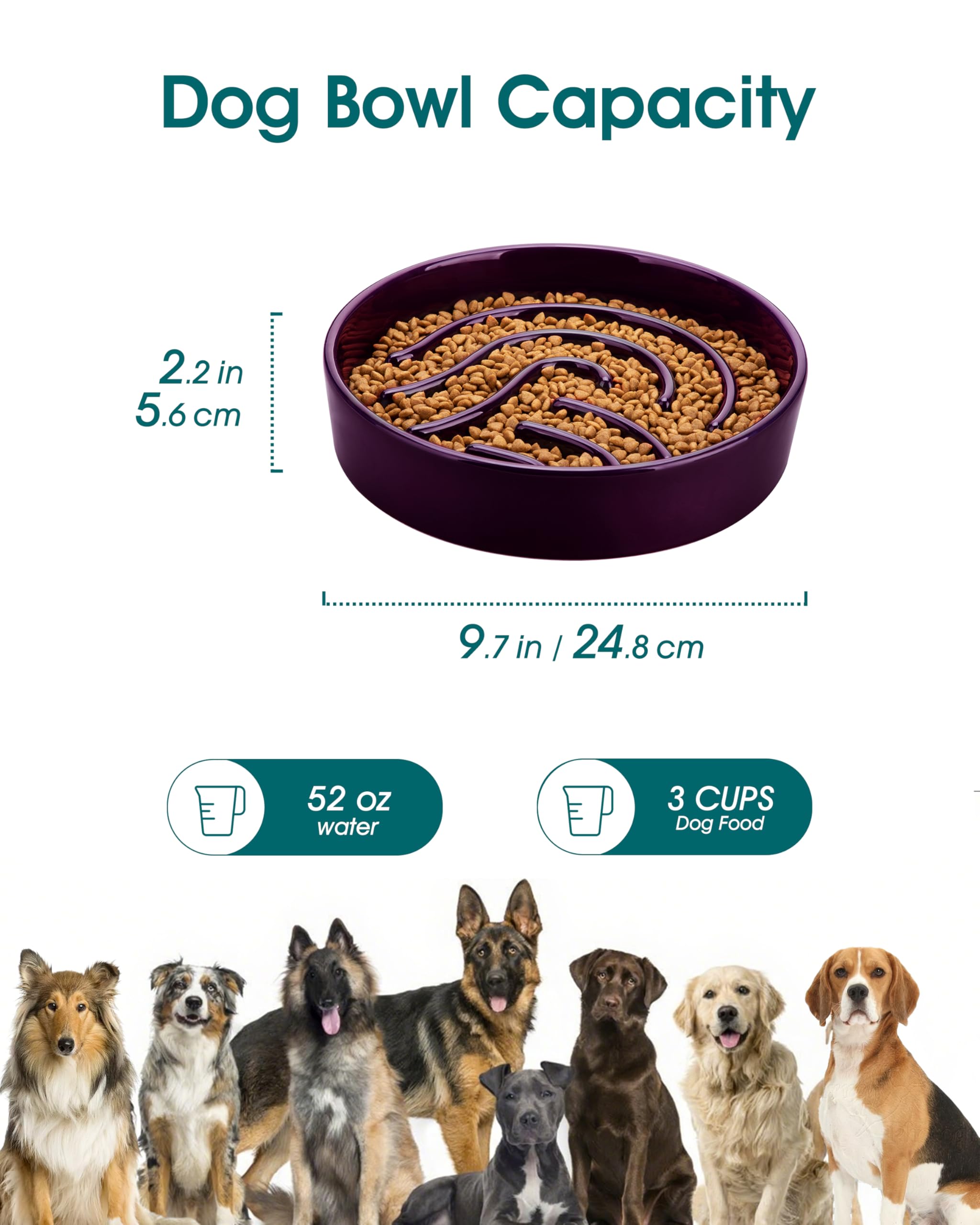 vancasso Slow Feeder Dog Bowl, 3 Cup Ceramic Slow Feeding Food Dish for Large Breed, Puzzle Dog Food Bowl for Fast Eater, Dark P