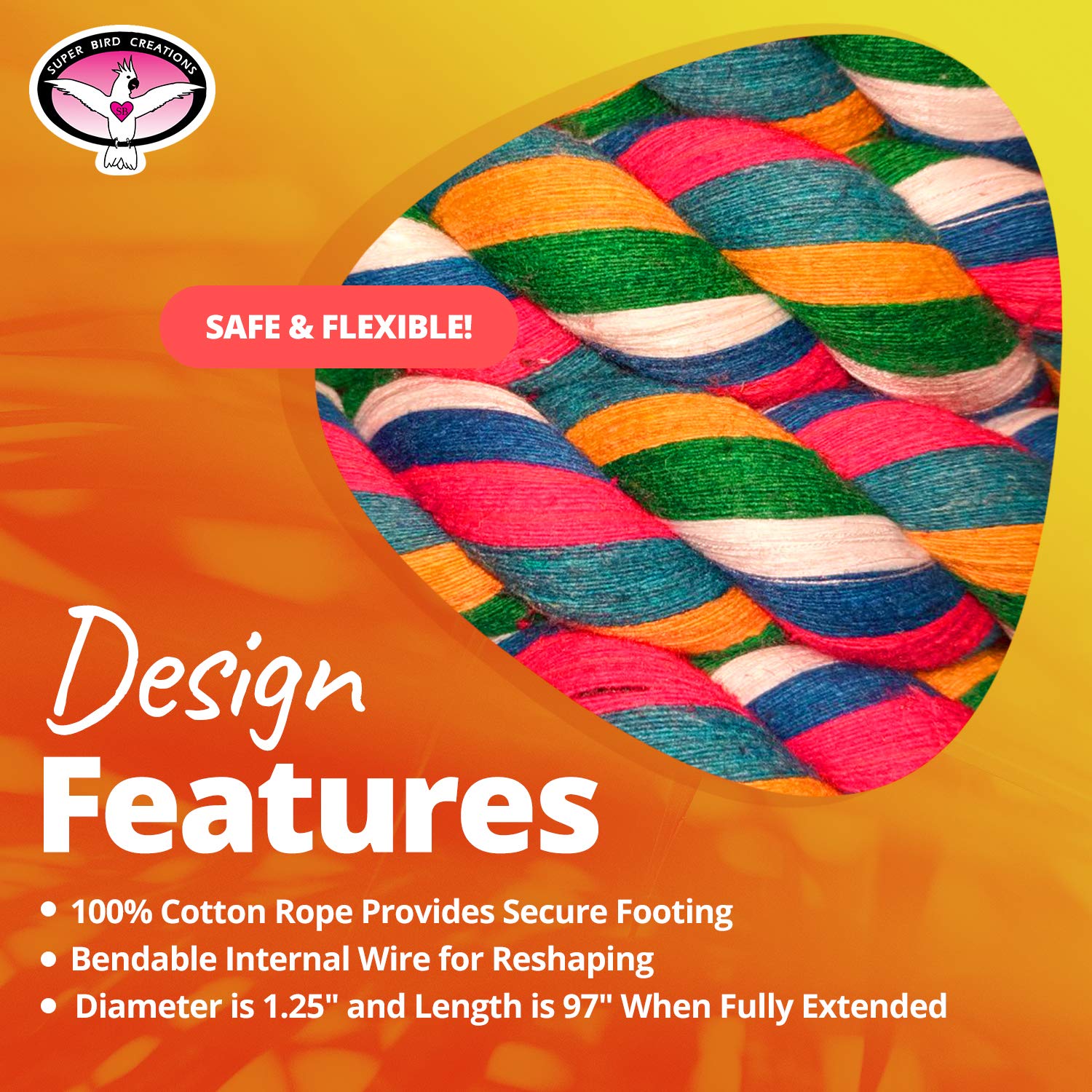 Super Bird Creations - Sb325 Large To Xl Bungee Bird Toy - Rope Perch For Amazons, African Greys, Cockatoos, Parrots - Colorful Hanging Perch - Enriching Bungee Toy For Large/Xl Birds & In Bird Cages