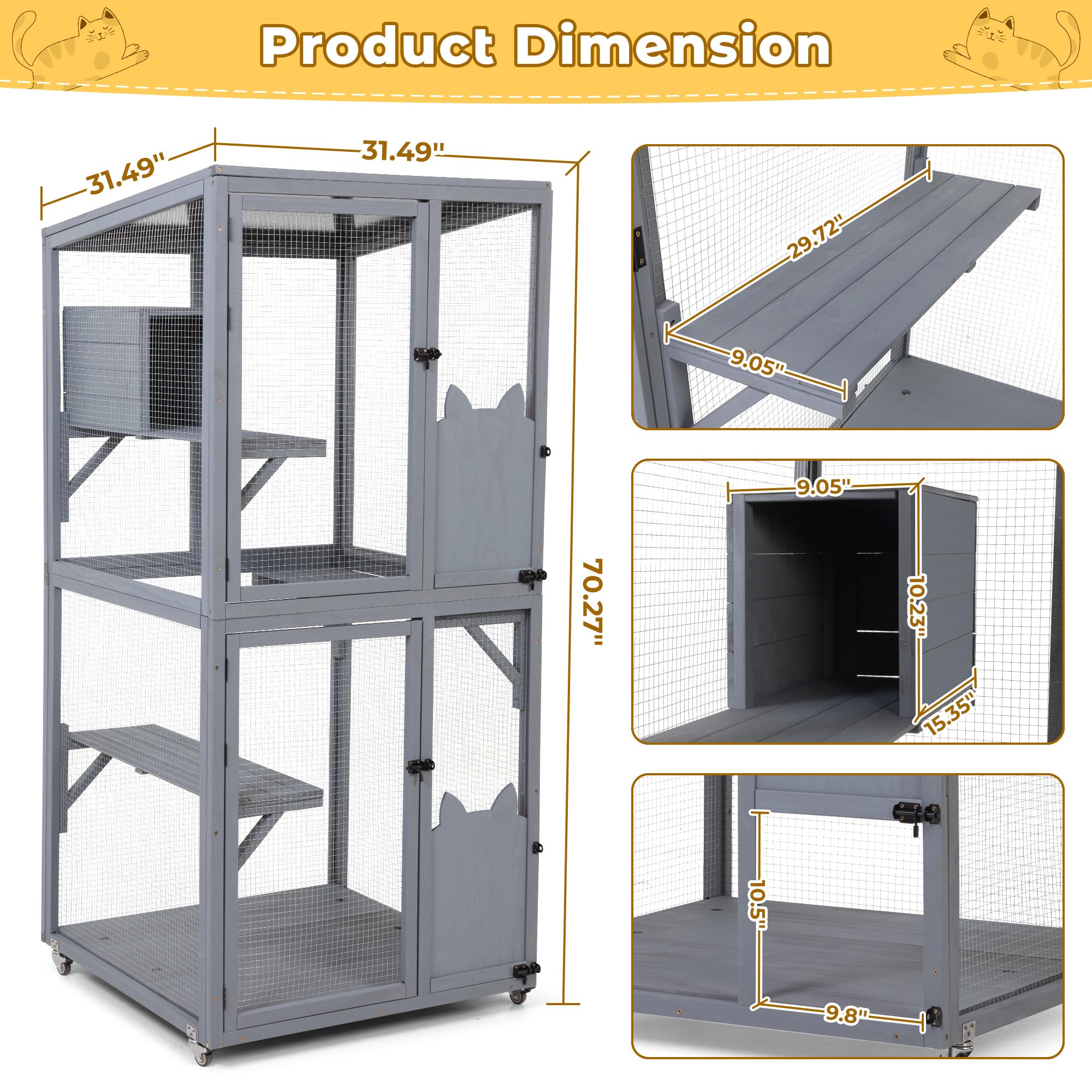 Coziwow Catio Outdoor Cat Enclosure Window Access, Outdoor Cat House With Wheels, Cage For Cats Indoor(Grey, Medium)