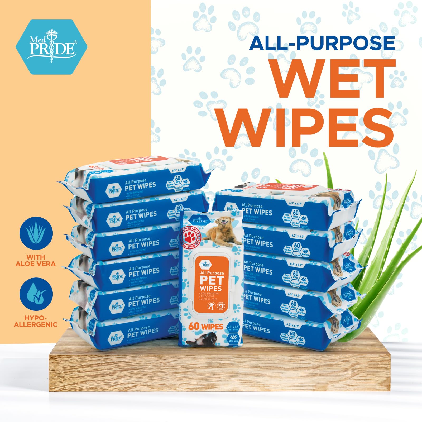 Med Pride Pet Wipes For Dogs & Cats [Pack Of 60]- Hypoallergenic Cleaning Deodorizing Dog Wipes With Aloe Vera- Alcohol And Para