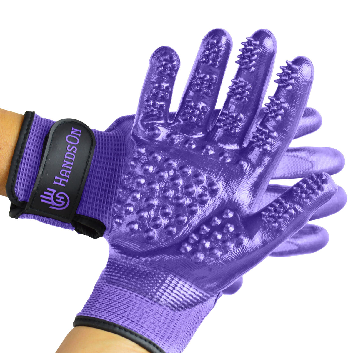 H Handson Pet Grooming Gloves - Patented #1 Ranked, Award Winning Shedding, Bathing, & Hair Remover Gloves - Gentle Brush For Cats, Dogs, And Horses (Mono Purple, Junior)