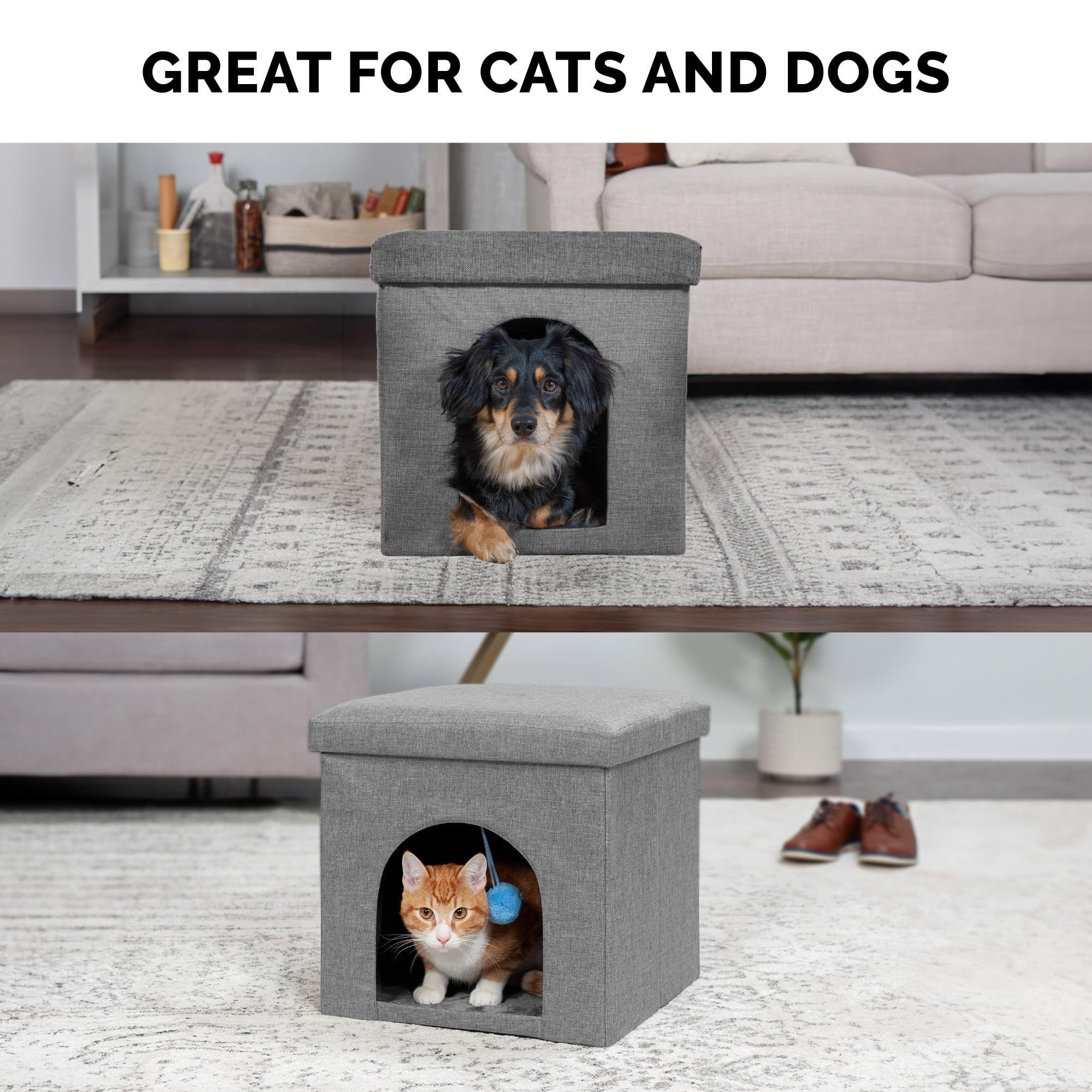 Furhaven Pet House for Indoor Cats & Small Dogs, Collapsible & Foldable w/ Plush Ball Toy - Living Room Footstool Cat Condo - St