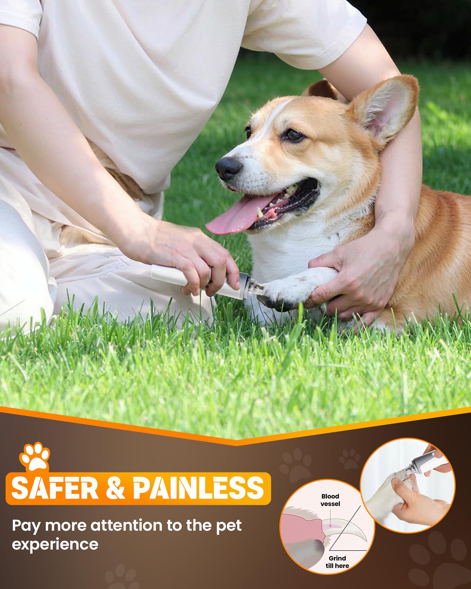 HARDELL Dog Nail Grinder, Super Quiet Dog Nail Trimmers with 2 LED Lights & 3 Grinding Ports, Rechargeable Safety Pet Nail Grind