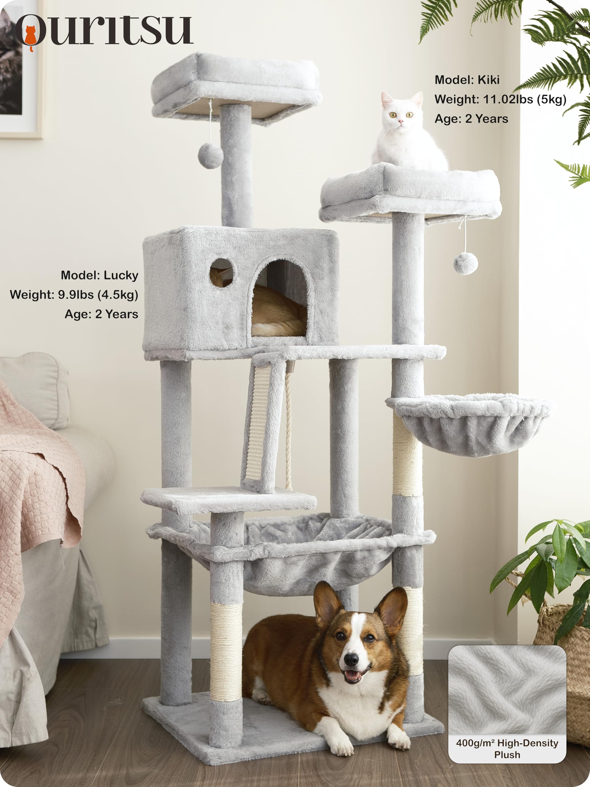 Ouritsu Cat Tree, 56 Inch Tall Cat Tower For Large Cat Indoor, Large Condo, 2 Padded Perches, Steel-Framed Hammock, Scratching P