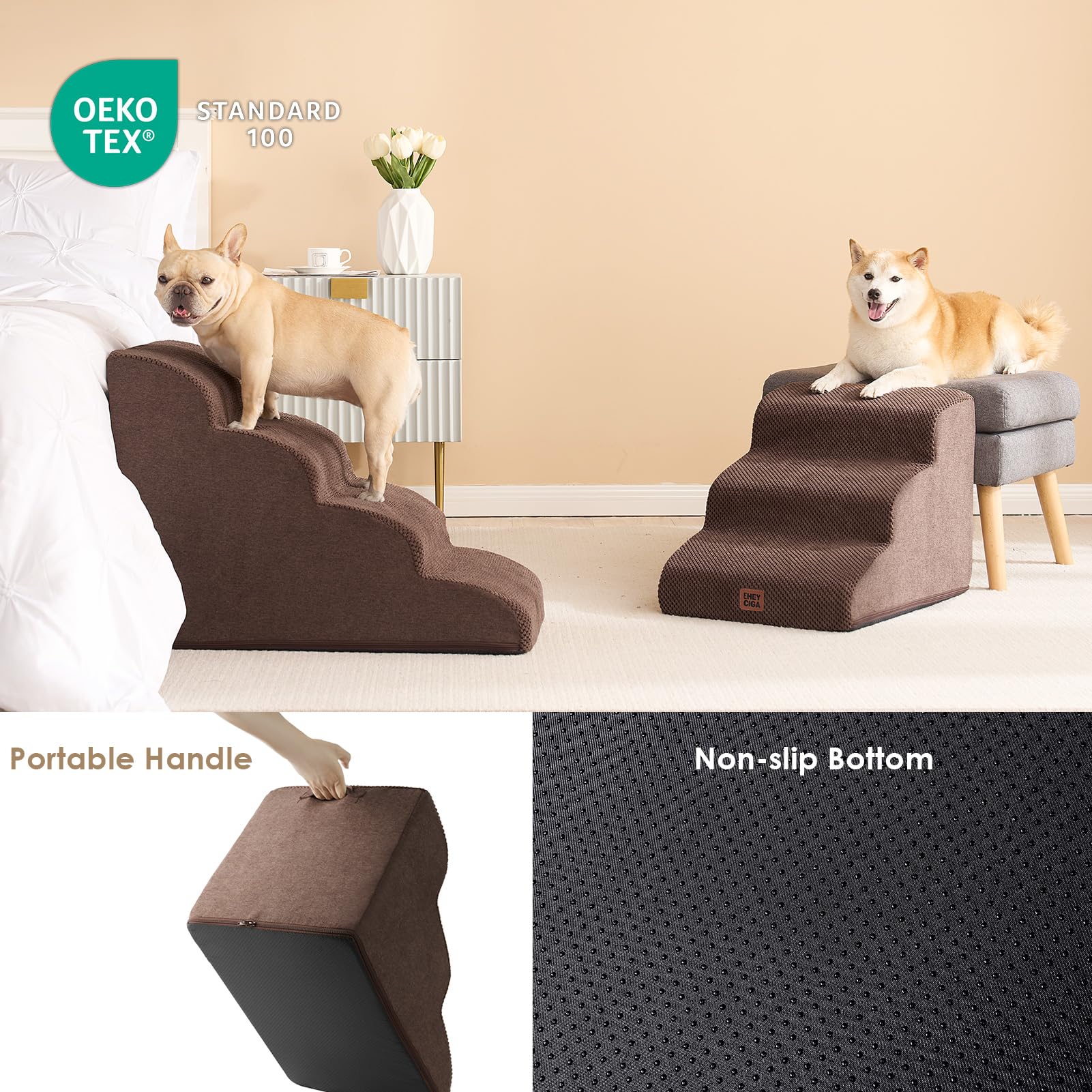 Eheyciga Curved Dog Stairs Ramp For Small Dogs 15.7'' H, 3-Step Dog Steps For Couch Sofa And Chair, Pet Stairs For Cats, Non-Sli