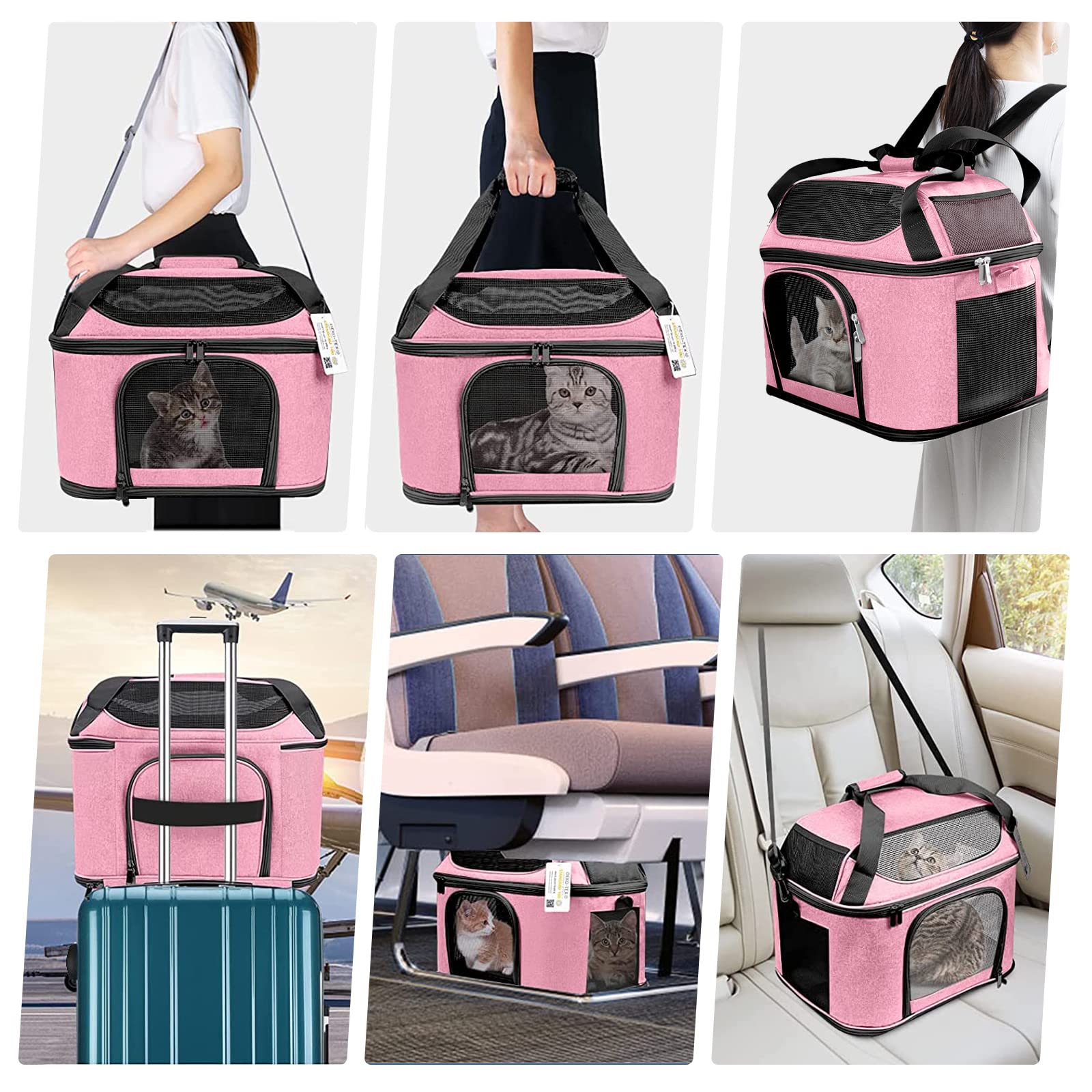 Large Cat Carrier Pet Carrier, Oeko-Tex Certified Soft Side Pet Carrier For Cat, Small Dog, Collapsible Travel Small Dog Carrier, Tsa Airline Approved Cat Carrier For Cats 20 Lb,Pink