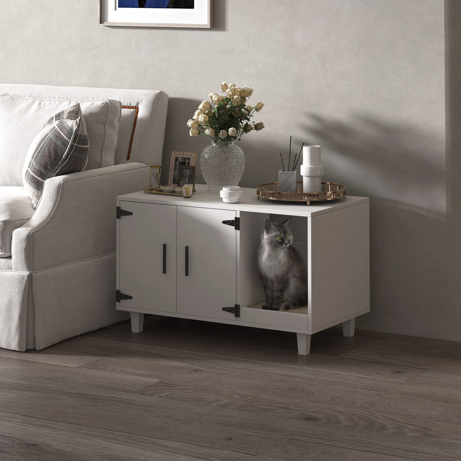 Gdlf Modern Wood Pet Crate Cat Washroom Hidden Litter Box Enclosure Furniture House As Table Nightstand With Scratch Pad,Stackable (White)