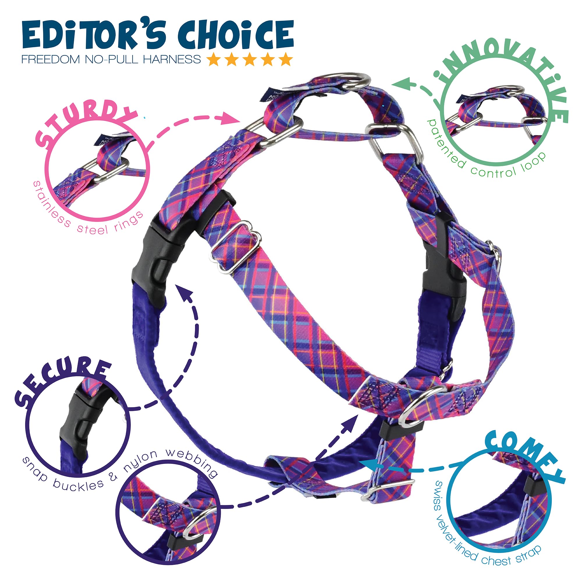 2 Hounds Design - Freedom No-Pull Harness & Training Leash In Pink And Purple | Dual Leash Loops, No Pulling On Walks | Lined To
