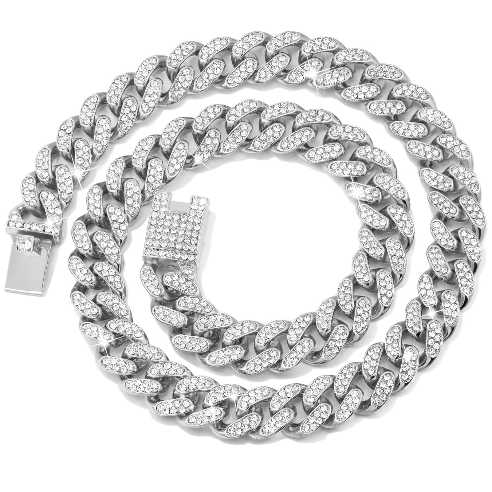 Flatfoosie Cuban Link Dog Collar Gold Silver Color Metal Dog Chain Collar Cuban Diamond Chain Pet Collars For Dogs Cats Jewelry 8/10/14/16/18/20/24/28 Inch (18Inch, Silver)