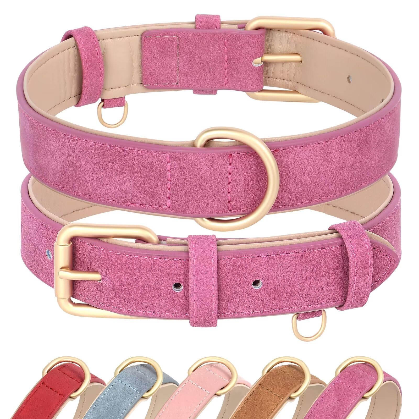 Didog Soft Padded Leather Dog Collar, Adjustable Dog Collars For Medium Dogs With Heavy Duty Metal Buckle And D Ring,Hot Pink,M