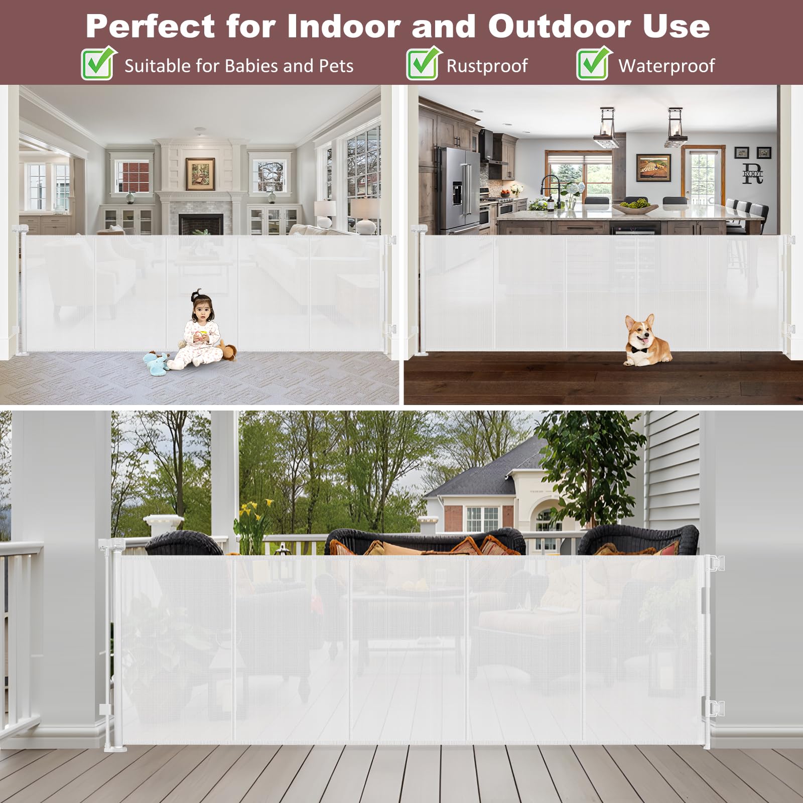 Reinforced 41'' Extra Tall Retractable Dog Gate 100'' Wide Retractable Baby Gates with Support Rods, Outdoor Retractable Gates f