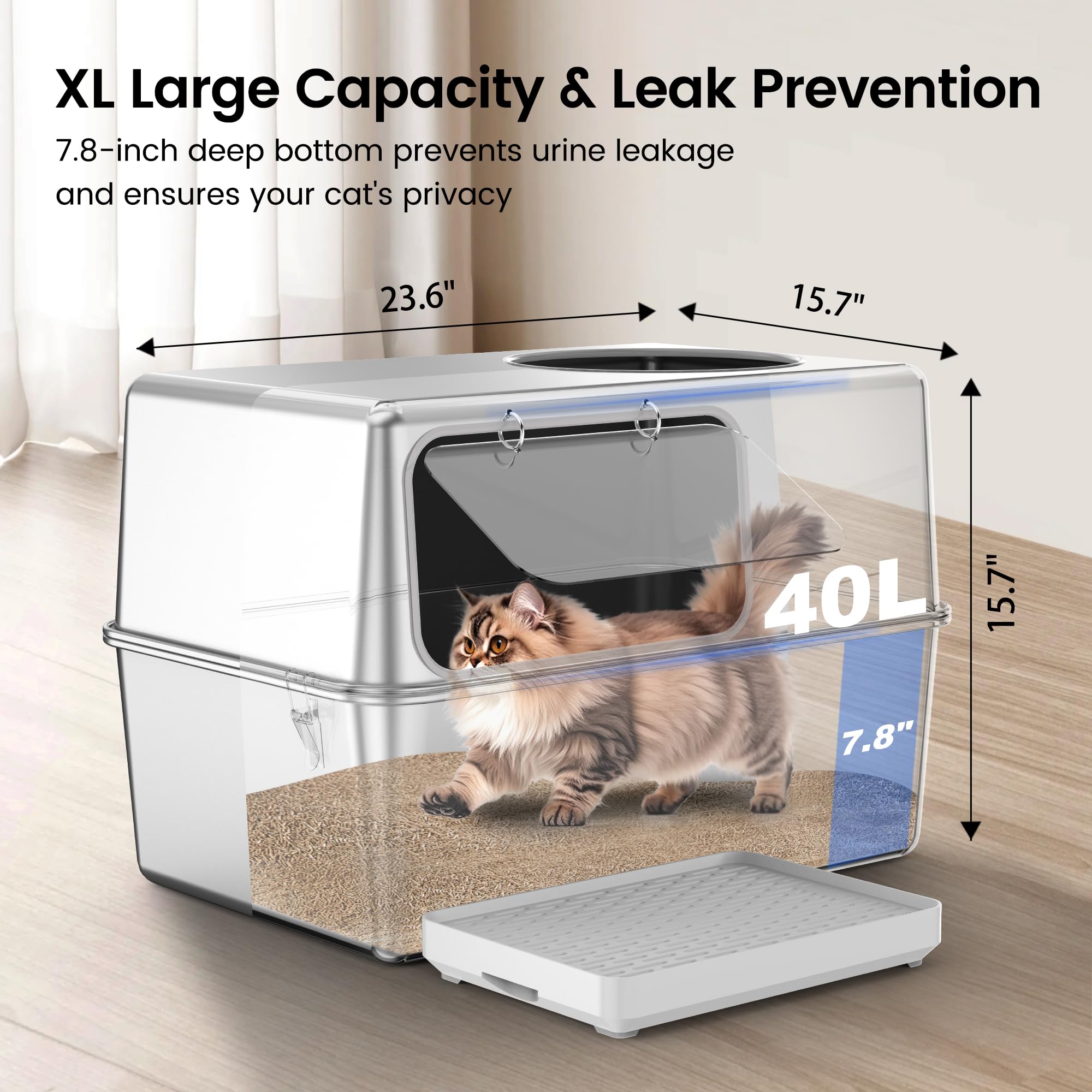 Aothey Stainless Steel Litter Box with Lid, Enclosed Metal with High Sides, Large Cat Litter Box, Dog-Proof, Odor Control, Easy
