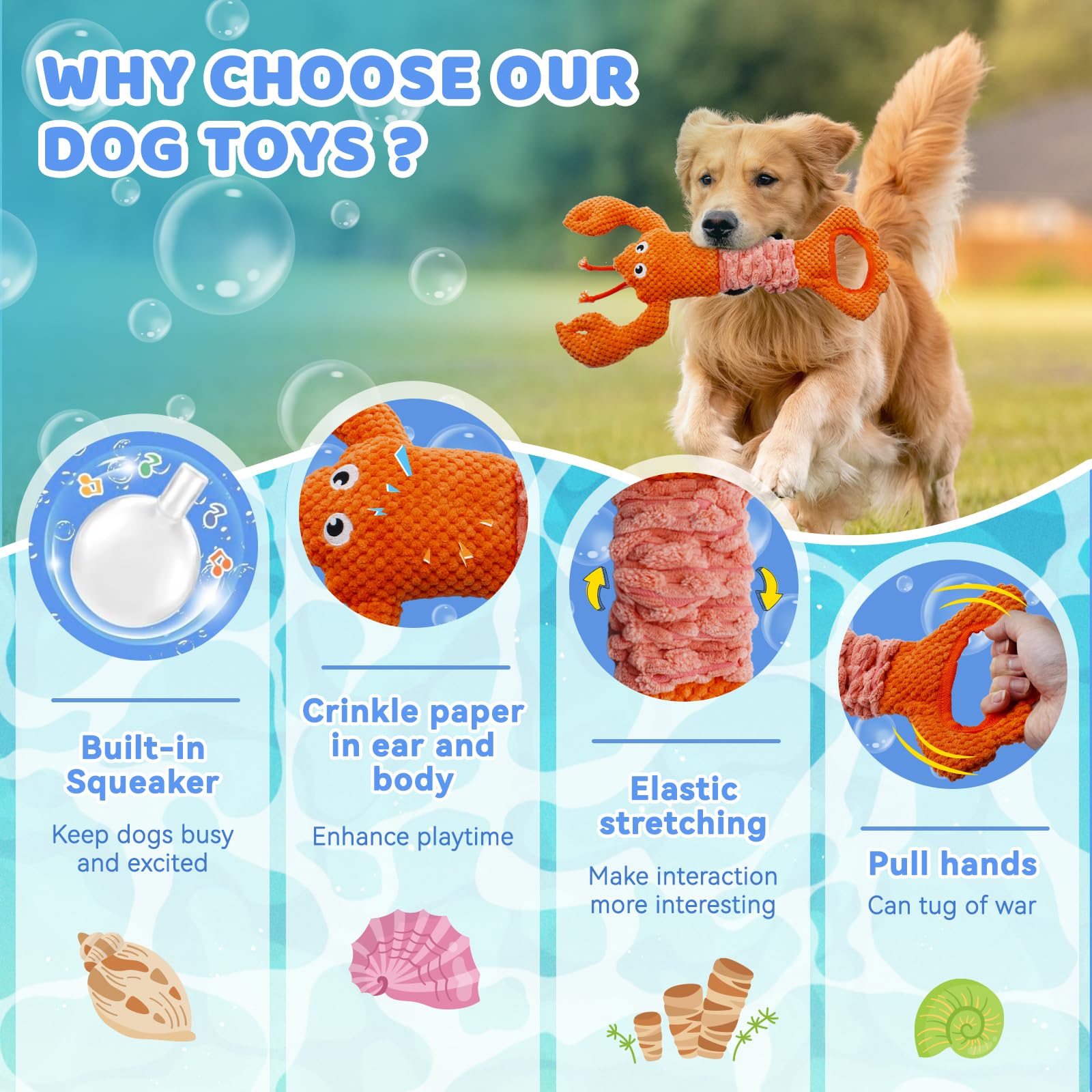 Yzhduxiu Tug Of War Dog Toy, Squeaky Dog Toys For Aggressive Chewers, Interactive Lobster Puppy Toys With Crinkle Paper To Keep