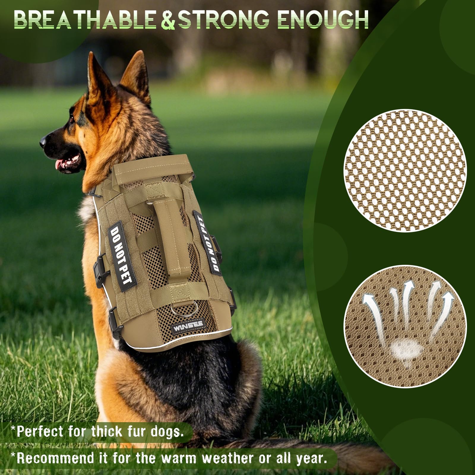 Winsee Mesh Dog Harness With 10 Pet Patches For Small Service Dog In Training, Breathable Tactical Molle Vest With Double Handle