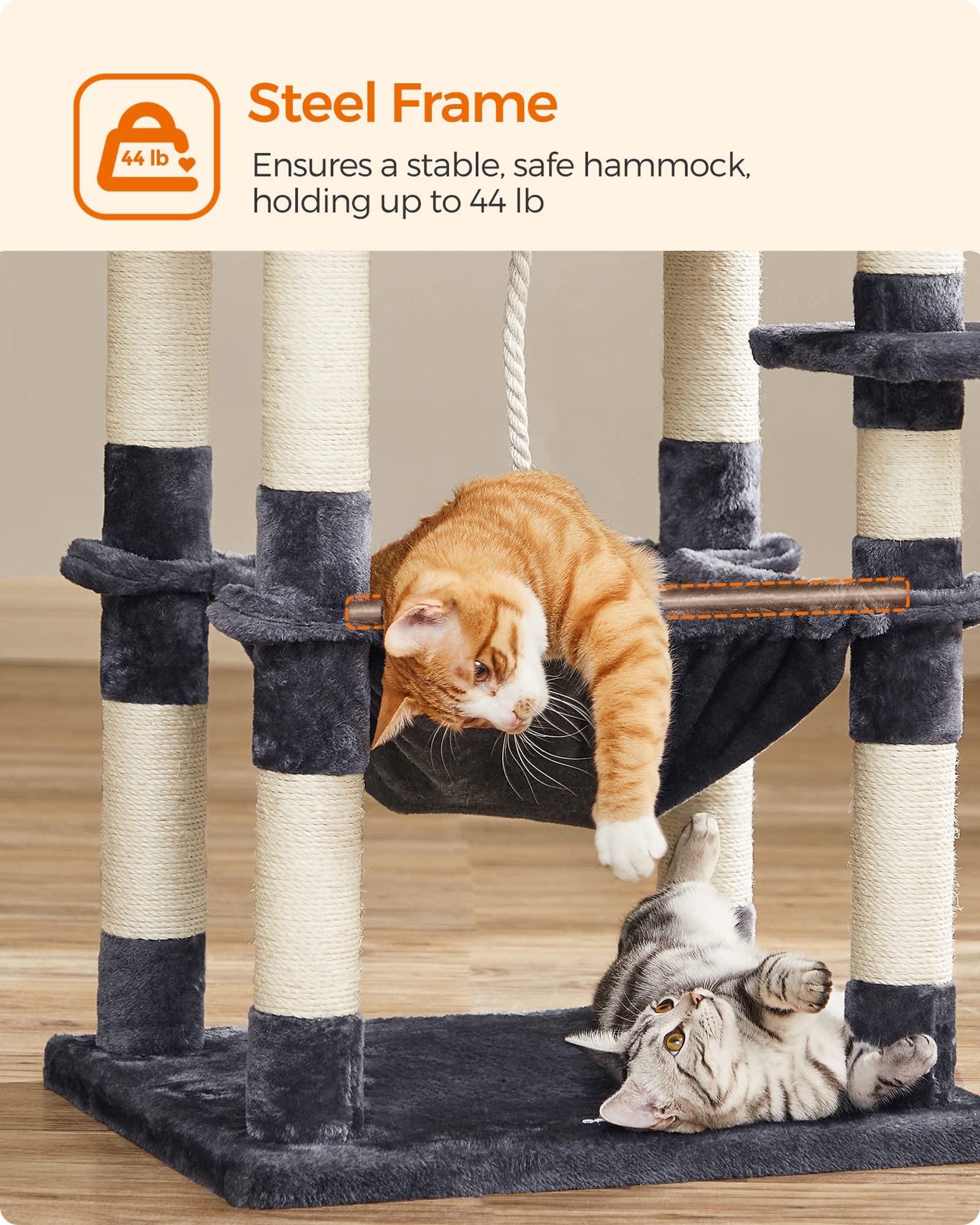 Feandrea Cat Tree, Cat Tower For Indoor Cats, 56.3-Inch Cat Condo With Scratching Posts, Hammock, Plush Perch, Smoky Gray Upct15