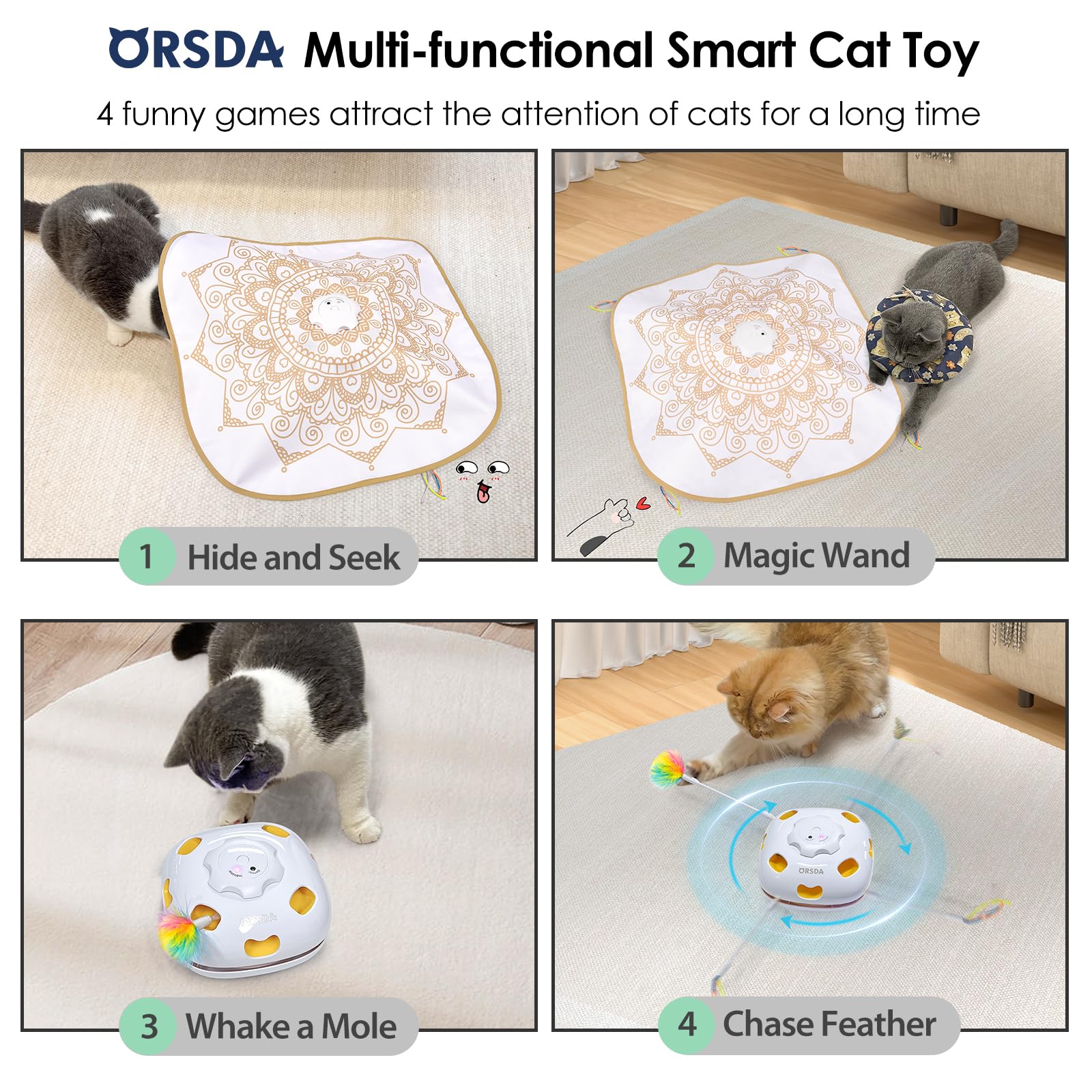 Orsda Cat Toys For Indoor Cats, 4 In 1 Interactive Cat Toys, Automatic Cat Toy Kitten Toy, Rechargeable Electric Enrichment Toy